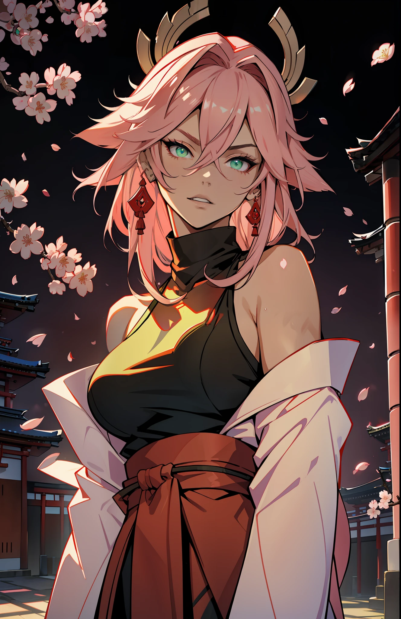 (Masterpiece, Excellent, 1girl, solo, complex details, color difference), realism, ((medium breath)), off-the-shoulders, big breasts, sexy, Yae Miko, long pink hair, red headdress, red highlight, hair above one eye, green eyes, earrings, sharp eyes, perfectly symmetrical figure, choker, neon shirt, open jacket, turtleneck sweater, against the wall, brick wall, graffiti, dim lighting, alley, looking at the audience, ((mean, seductive, charming)), ((cherry blossom background ))),((Japanese temple background)))), (((Glow-in-the-dark background)))