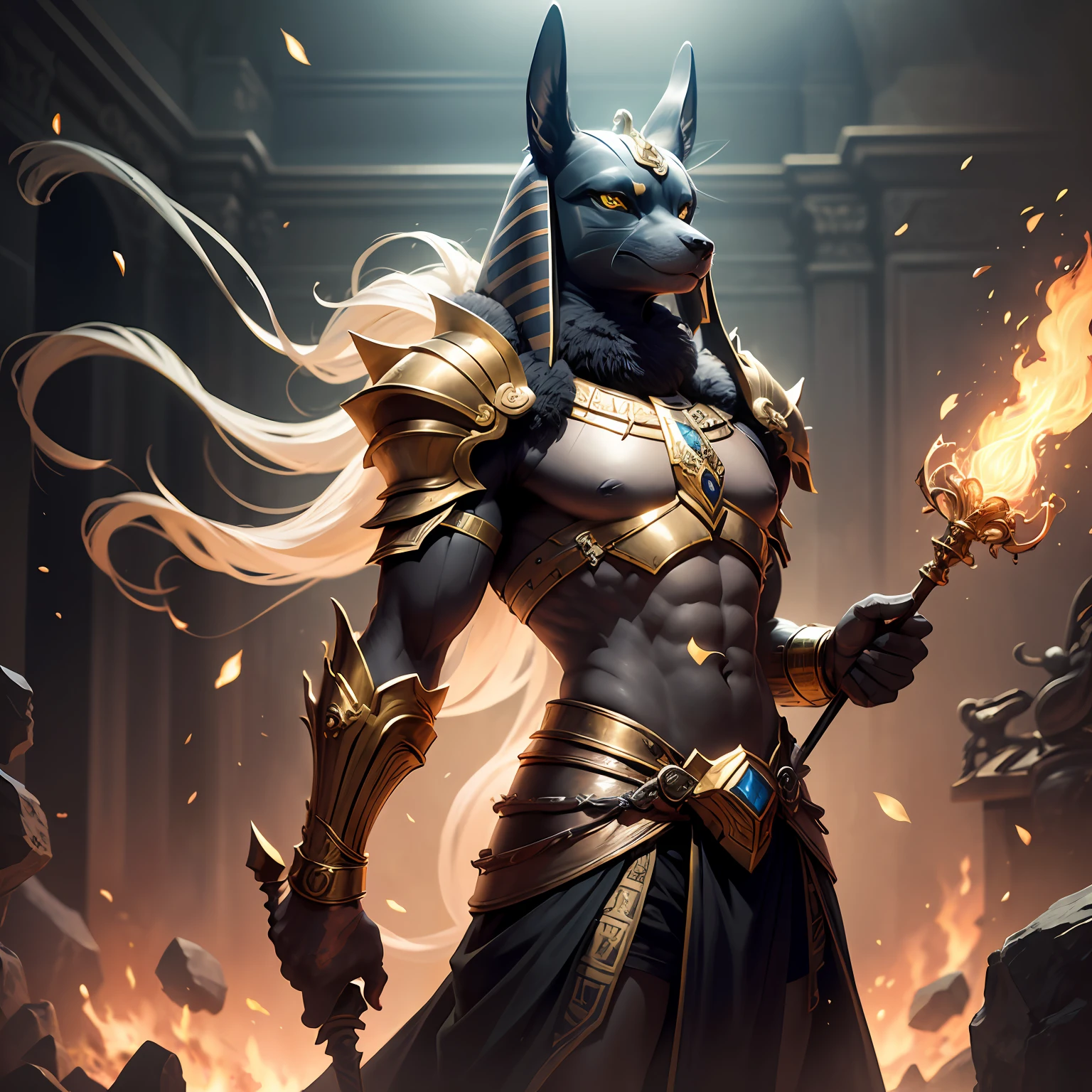 This is a set of optimized Prompts，You can choose one or the other，It can also be used in combination：

1. ((🔥Epic graphics)), ((🔥shock))，((Anubis))，hand holdings((sceptre))，Black armor((x1.5))，Golden decoration((x1.3))，The upper body of the dog's head is more mysterious and solemn，The pattern depicts nobility and unstoppability，Eye-catching，Unleash great power。

2. ((The picture is excellent)), ((Blank handling)), ((Anubis)), Black armor((x1.5)), Gold ornaments((x1.3))，Holding a scepter，Noble temperament，Impressive，Unleash the power of efficiency，Be responsible。

3. ((Anubis))，Unique shape，Solemnity temperament，Black armor((x1.5))，Golden decoration((x1.3))，Scepter in hand，It looks even more majestic，Scrappy，Win every battle，The mysterious power is overflowing，Inspire unlimited passion。