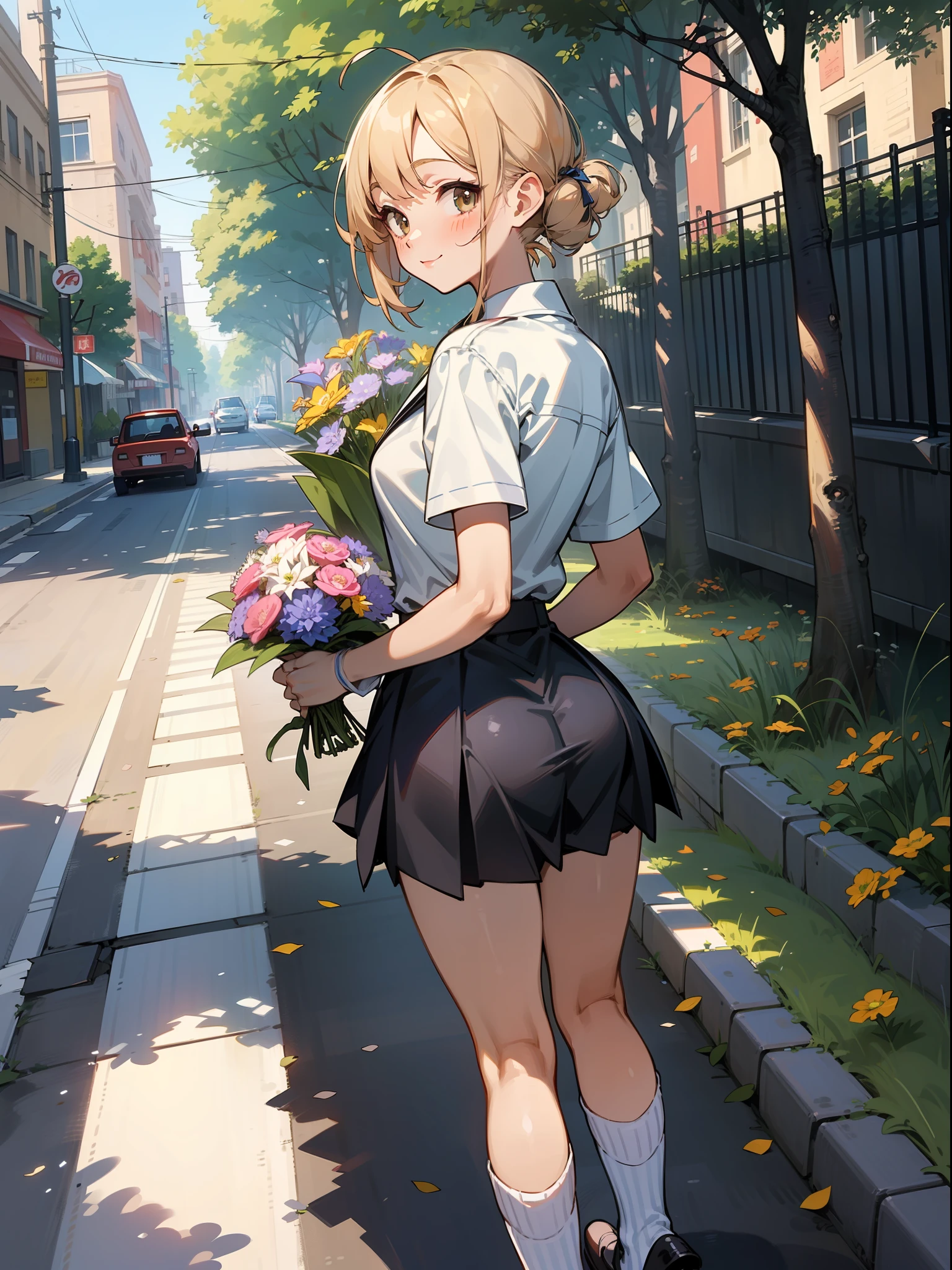 master piece, hyper quality, Hyper Detailed, Perfect drawing,Solo, High School Girl, 校服, Miniskirt: (0.8),((Holding a large bouquet)), butt sticks out, Big round buttocks, Standing figure, ((Panties are slightly visible)), Tanned skin: (1.2), Cute smile, Cheeky smile, Sunburn scars: (1.5), ( ((Buggy socks))), Shooting from diagonally below, School route、Street Trees、Walking trail、Urban cityscape、 Beautiful background, meticulous drawing, Accurate drawing.