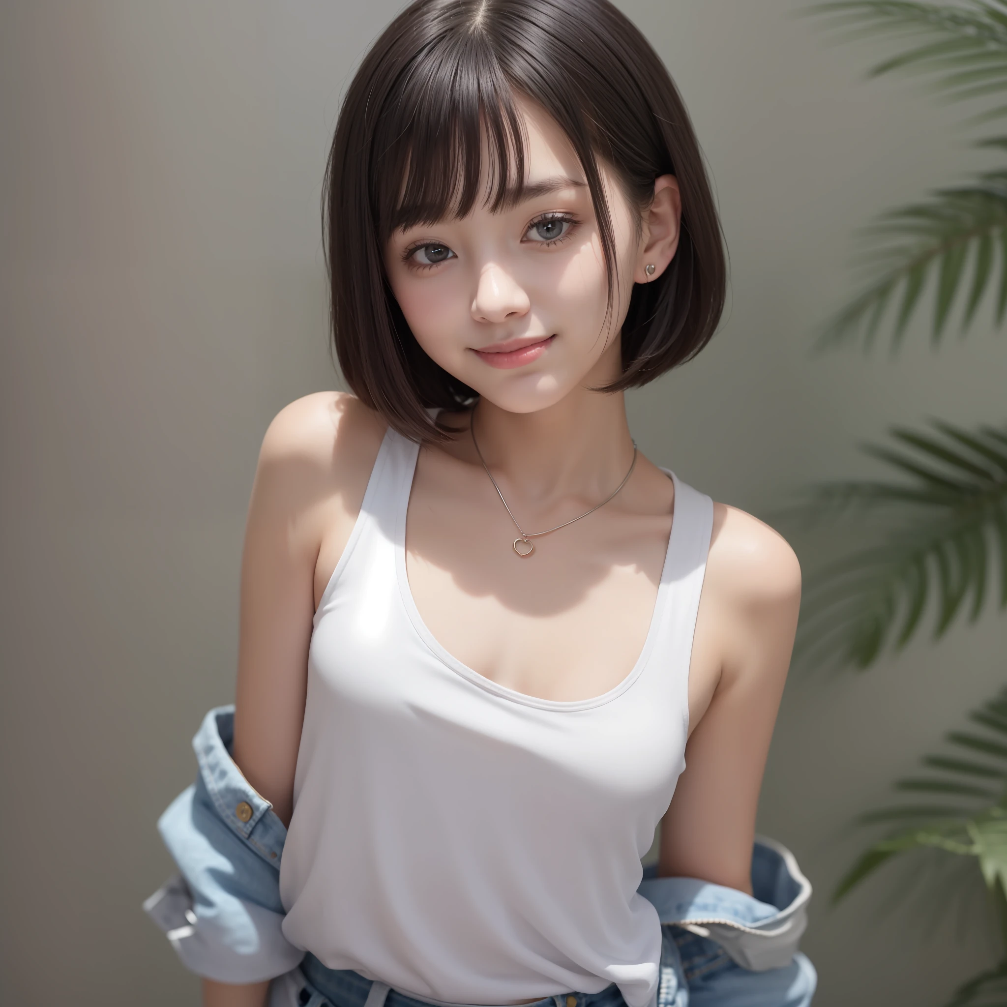 With the best image quality、 girl standing in room。Black Hair Bob Hair、Cute smile.。(((tiny chest)))、White tank top、Denim shorts