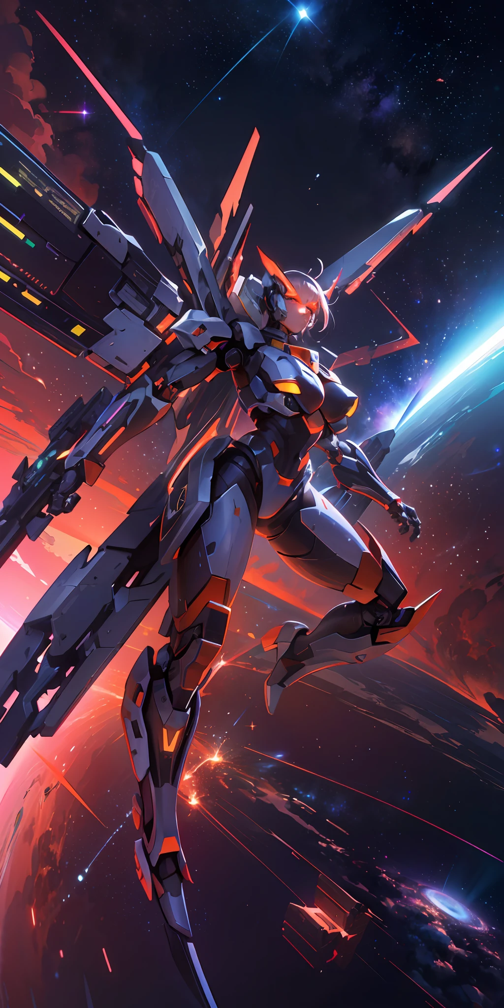 In space, huge planet, nebula, holding weapons, no humans, glowing, (female mech: 1.2), female robot, giant mechanical wings, mech wings, (flying in space: 1.3), comet fragments , glowing eyes, red mecha, science fiction, space, reality, mecha, galaxy background, neon lights, cyberpunk, HD wallpaper, CG art