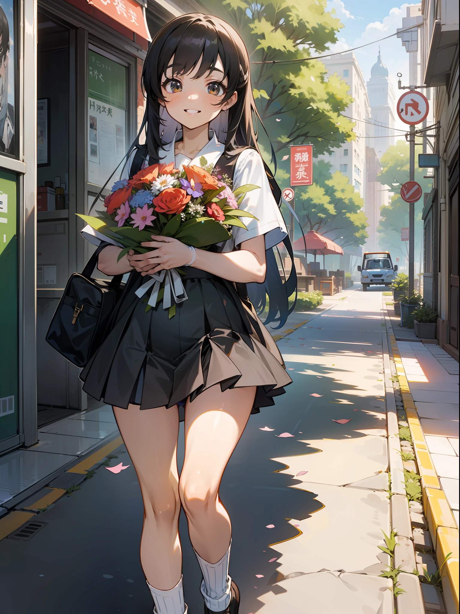 ​master piece, hyper quality, Hyper Detailed, Perfect drawing,Solo, High School Girl, 校服, Miniskirt: (0.8),((Holding a large bouquet)), butt sticks out, Big round buttocks, Standing figure, ((Panties are slightly visible)), Tanned skin: (1.2), Cute smile, Cheeky smile, Sunburn scars: (1.5), ( ((Buggy socks))), Shooting from diagonally below, School route、Street Trees、Walking trail、Urban cityscape、 Beautiful background, meticulous drawing, Accurate drawing.