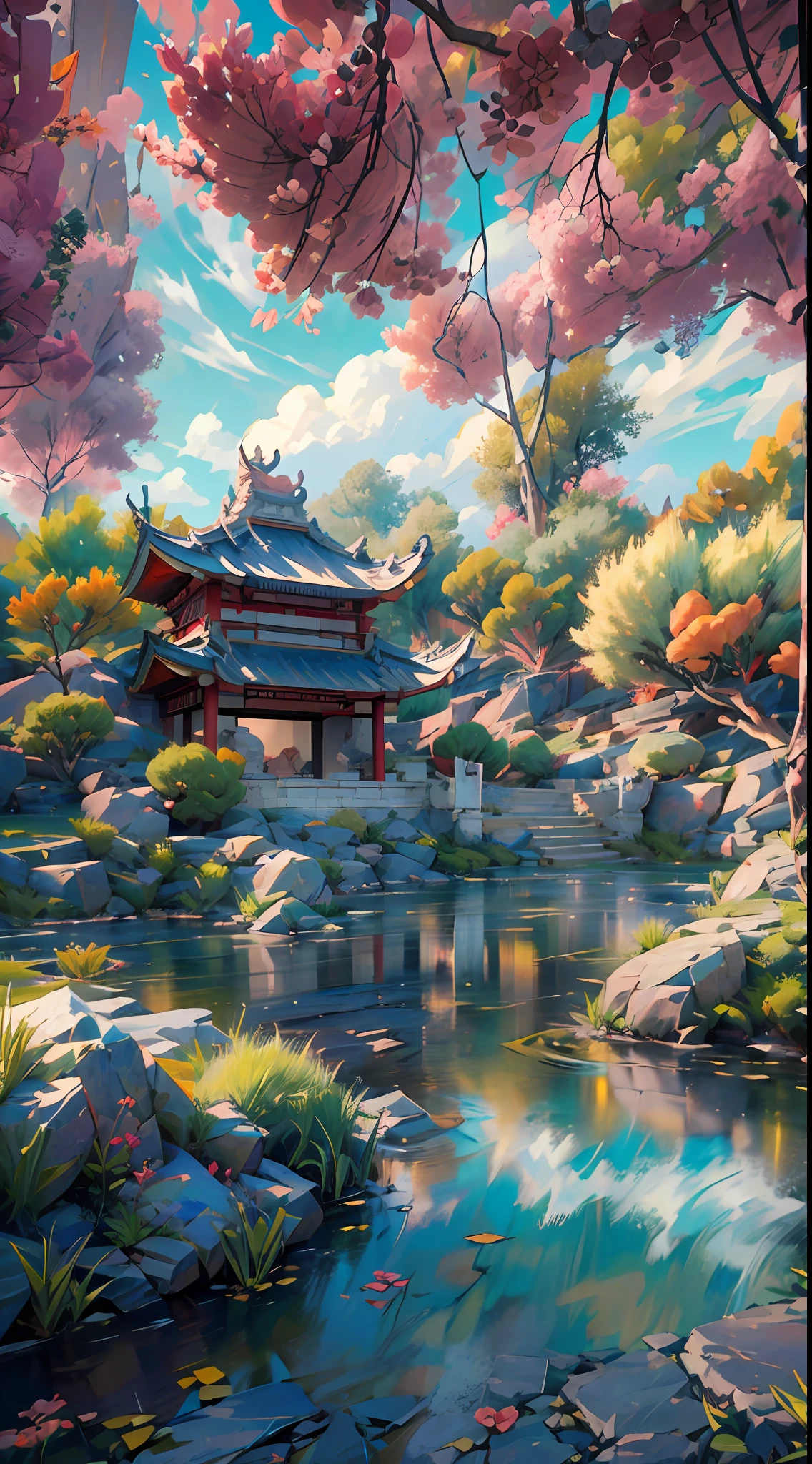 An incredibly detailed and photorealistic CG unity 8K wallpaper, the beauty of a classical Chinese garden, The stunning landscape features a serene lake and river surrounded by lush vegetation and majestic trees, natural light, blue sky, fluffy clouds, waterfall, Bokeh, Depth of Field, HDR, Bloom, Chromatic Aberration, and Intricate detail