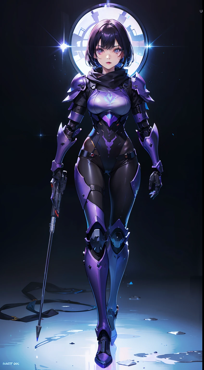 1girl, (((full body, legs))),smoky makeup,dark,black lips, female assassin, Stand, front，(Wearing a hooded scarf, material: fabric),(((Blue and Purple Mechanical Armor)))，((pure black and red gradient background)), (front), ((full body blue mechanical armor)), 8K，sharp shoulders, mechanical breastplate, mechanical arm, mechanical leg ,original painting,ultra-high resolution,realism,extreme,sense of technology,extreme,masterpiece,CG,wallpaper,official art,looking at the camera,battle suit,full body,doll short hair,Purple hair,exquisite face,sharp eyes,watercolor moist lips, big eyes, piercing eyes, big  breasts,