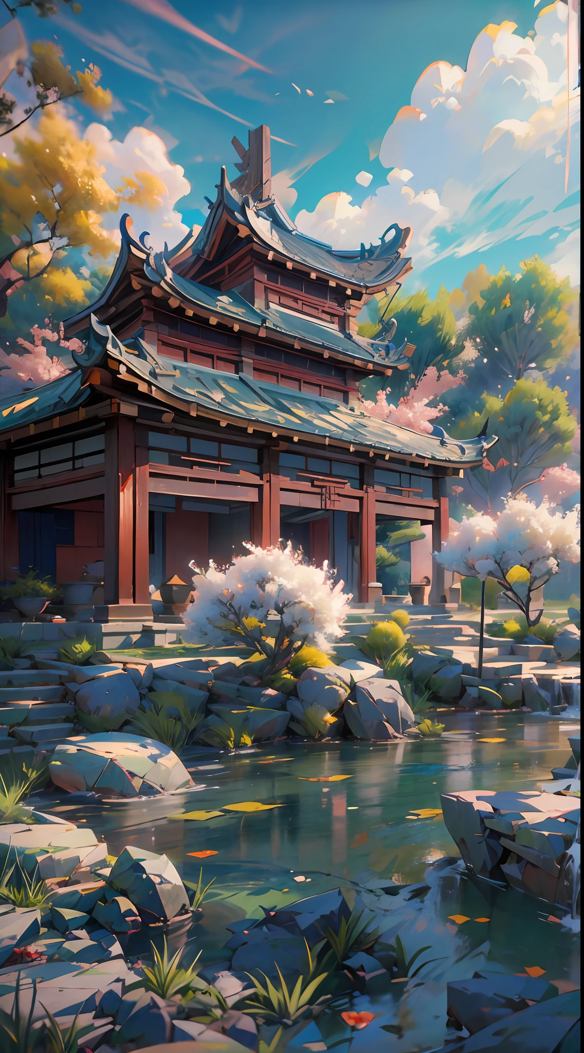 An incredibly detailed and photorealistic CG unity 8K wallpaper, the beauty of a classical Chinese garden, The stunning landscape features a serene lake and river surrounded by lush vegetation and majestic trees, natural light, blue sky, fluffy clouds, waterfall, Bokeh, Depth of Field, HDR, Bloom, Chromatic Aberration, and Intricate detail