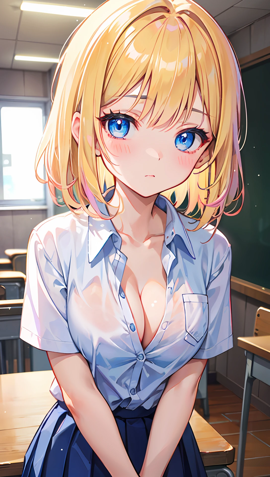 ((masterpiece, best quality;1.3)), ultra detailed, 8k unity wallpapers, CG, ray tracing, illustration, colorful, cinematic shadow, extremely detailed and beautiful background,vhd, shadering VRay,RT, 1girl, teenage, loli, blush, solo, blue eyes, blush, (blonde hair), (medium hair), large breasts, white glowing skin, highly detailed beautiful face, beautiful face, beautiful eyes, (talented Lo-Fi:1.3), naked, sexy, lewd, ,school uniform, partially unbuttoned, indoors, school, close-up, glowing, glowing light, ultra detailed, scenic, atmospheric