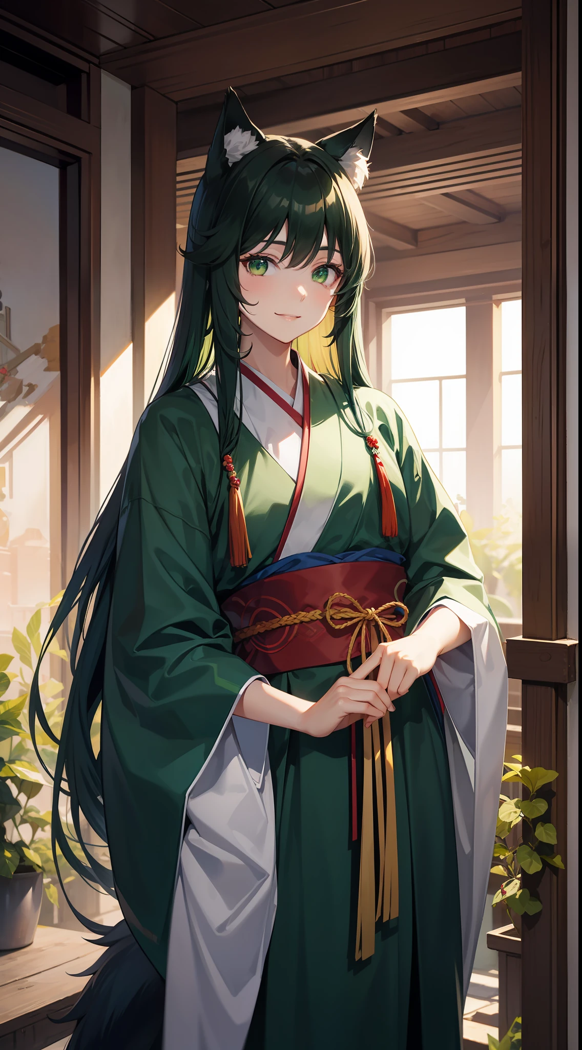Tall guy, long dark green hair, Green eyes, Hanfu, ssmile, wolf ears, Masterpiece, hiquality
