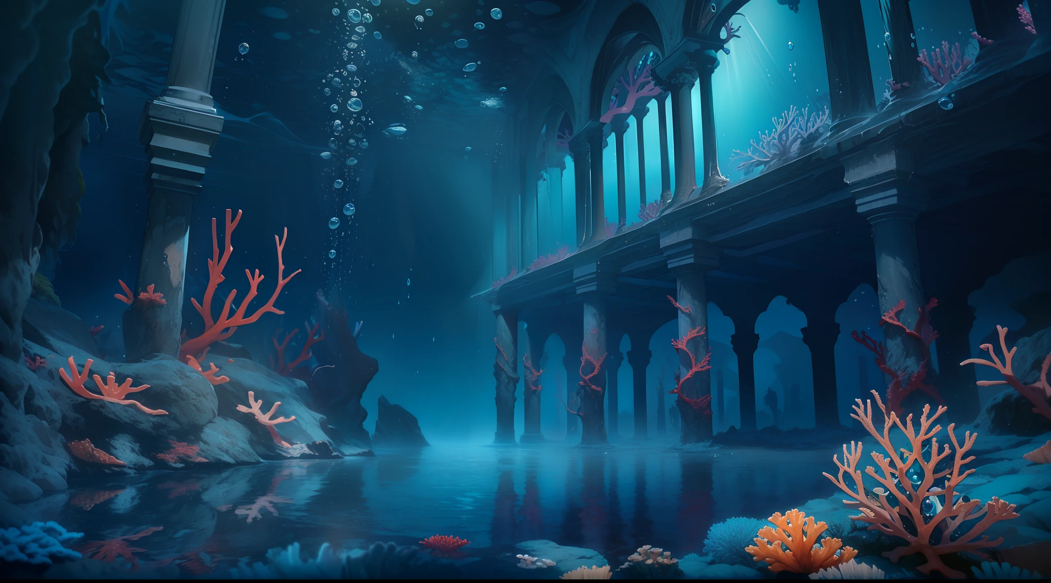 Best Picture Quality, hyper HD, Ultra-high definition CG united 8k wallpaper, An extremely mysterious one, A deep-sea scene off the beaten track, (Lots of water droplets:1.2), (Lots of corals+sea weed:1.3), (Lots of beams, Pillars of light and reflections:1.2);Dark blue overall environment and atmosphere, Dark blackness and mystery fill the entire picture., (masterpiece)