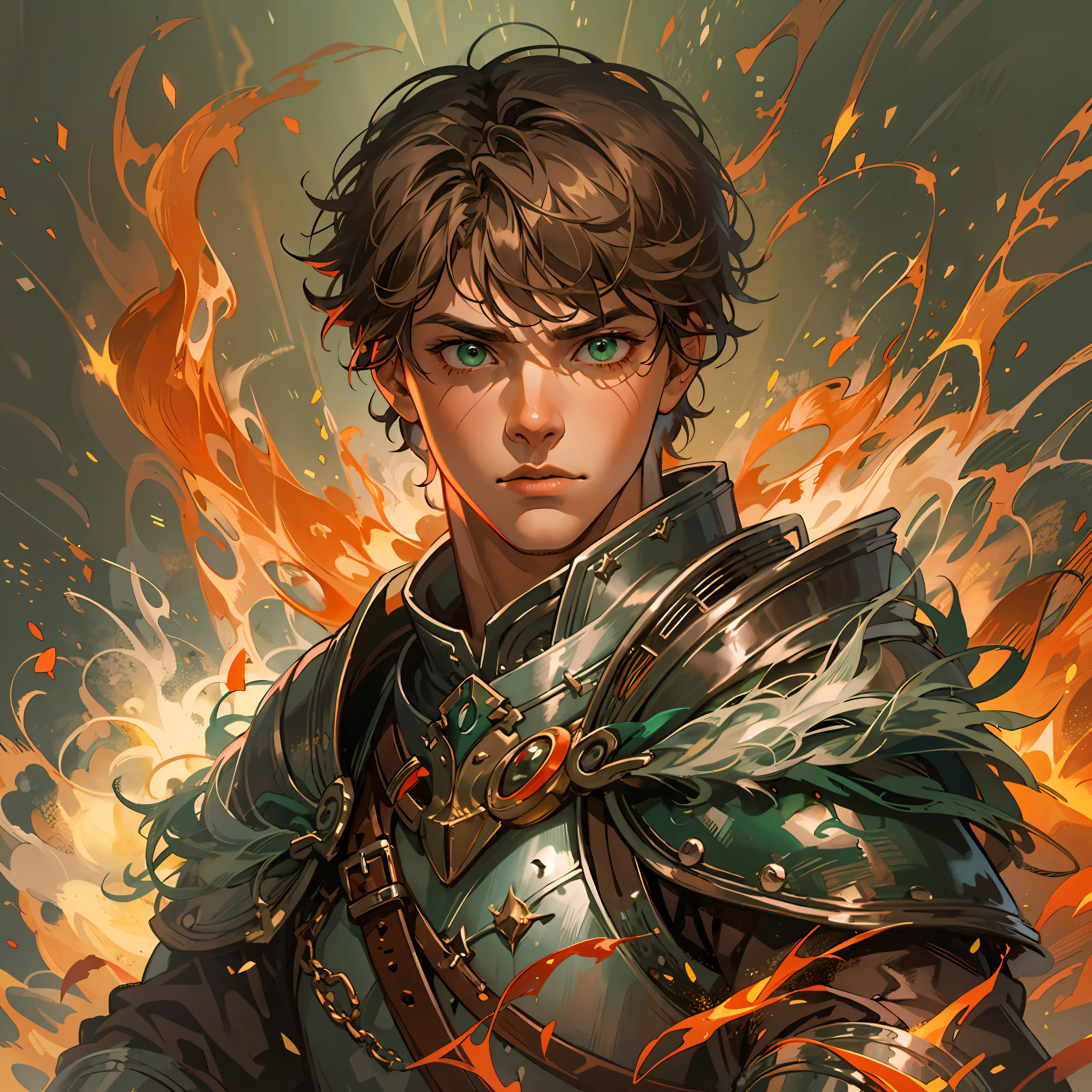 a -yeld te1 boy as a swordsman, sword, brown short hair, brown short hair parted in the middle, man's short hair, without a beard, without a goatee, no facial hair, silver colored medieval knight armor, red clothes, intense and vivid green magical flames that seem to burn with uncontrollable magical power, the flames should stand out with bright, luminous details, radiating green power and energy