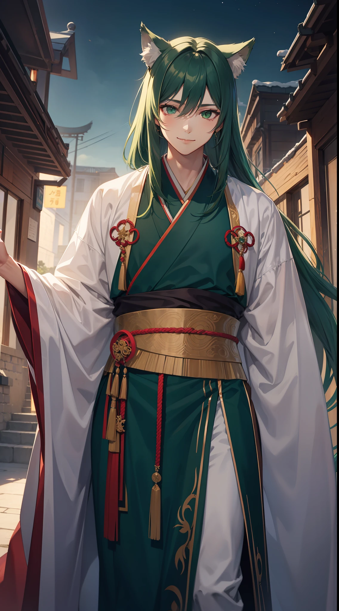 Tall guy, long dark green hair, Green eyes, Hanfu, ssmile, wolf ears, Masterpiece, hiquality