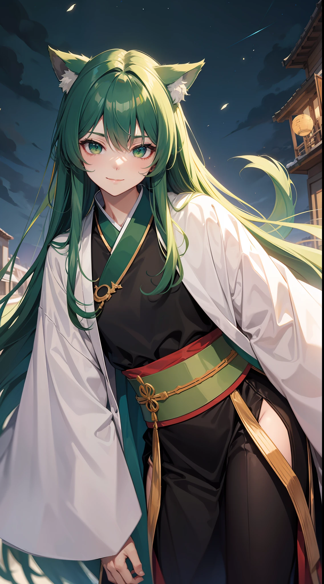 Tall guy, long dark green hair, Green eyes, Hanfu, ssmile, wolf ears, Masterpiece, hiquality