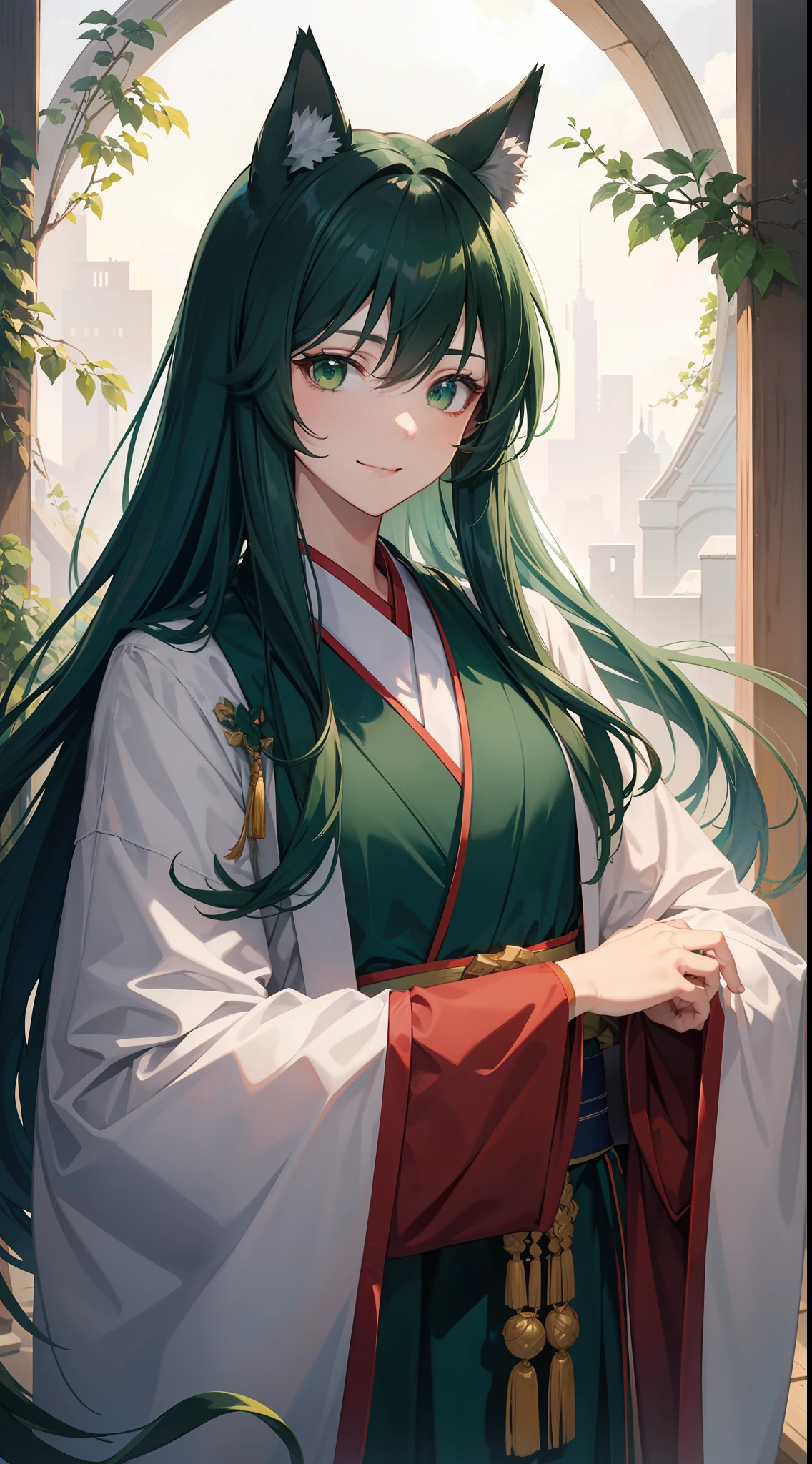 Tall guy, long dark green hair, Green eyes, Hanfu, ssmile, wolf ears, Masterpiece, hiquality