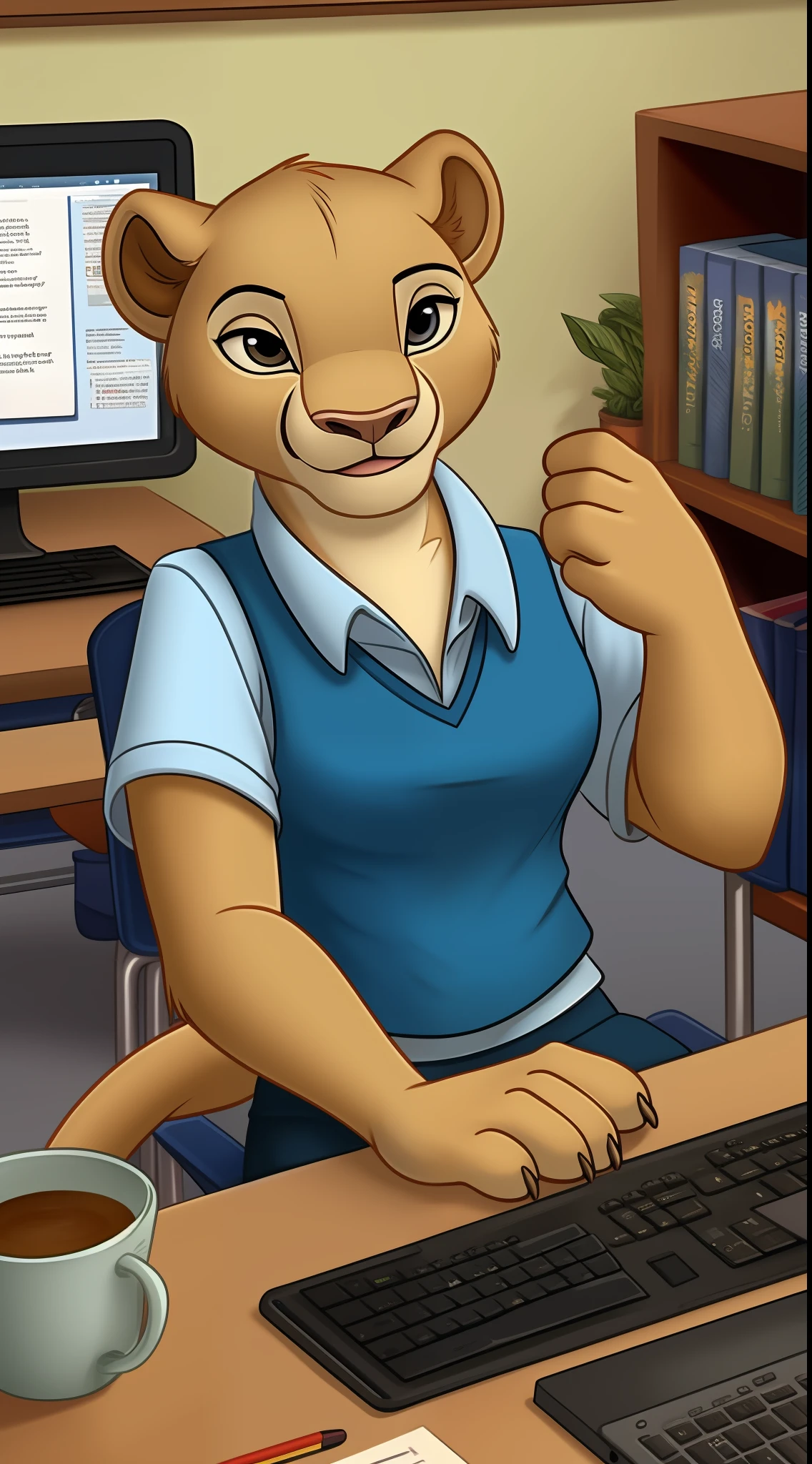 nala, anthro, using the computer, scene in school, disney cartoon