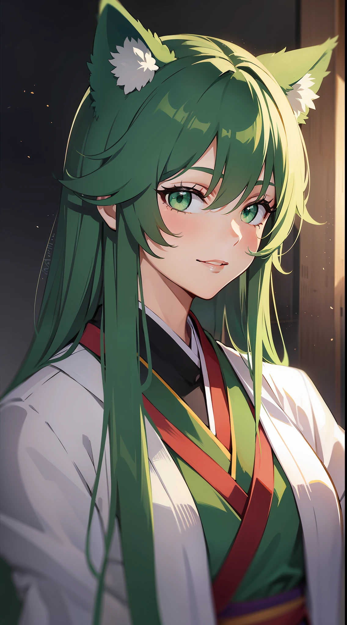 Tall guy, long dark green hair, Green eyes, Hanfu, ssmile, wolf ears, Masterpiece, hiquality