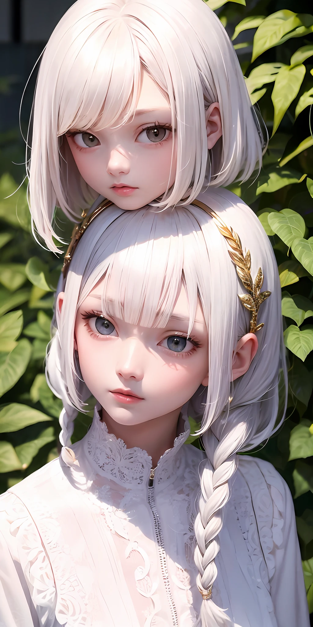 best quality, masterpiece,white hair, gold eyes,white clothes, looking up, upper body,hair strand,Fair skin,side braids