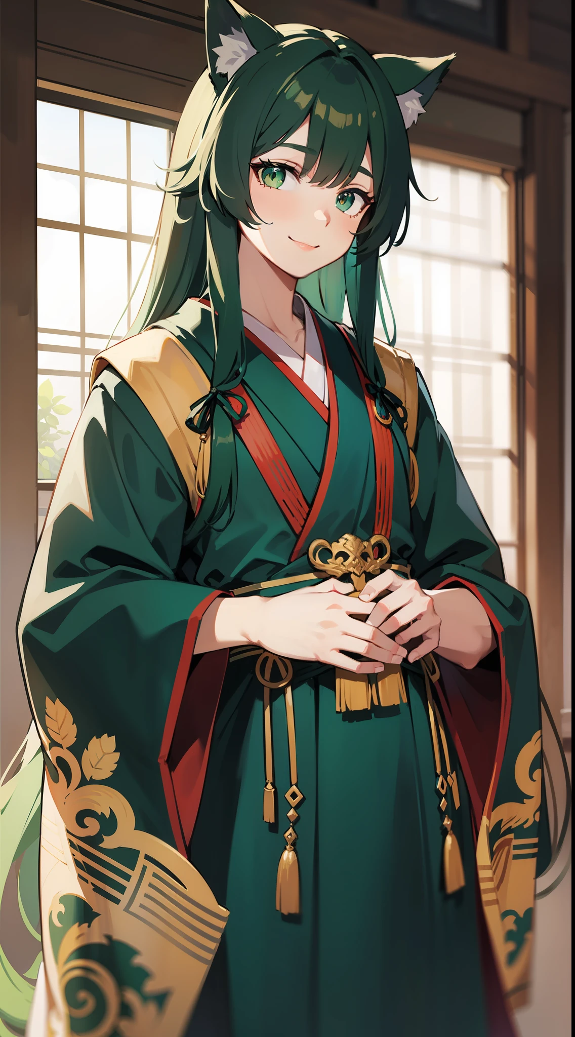 Tall guy, long dark green hair, Green eyes, Hanfu, ssmile, wolf ears, Masterpiece, hiquality