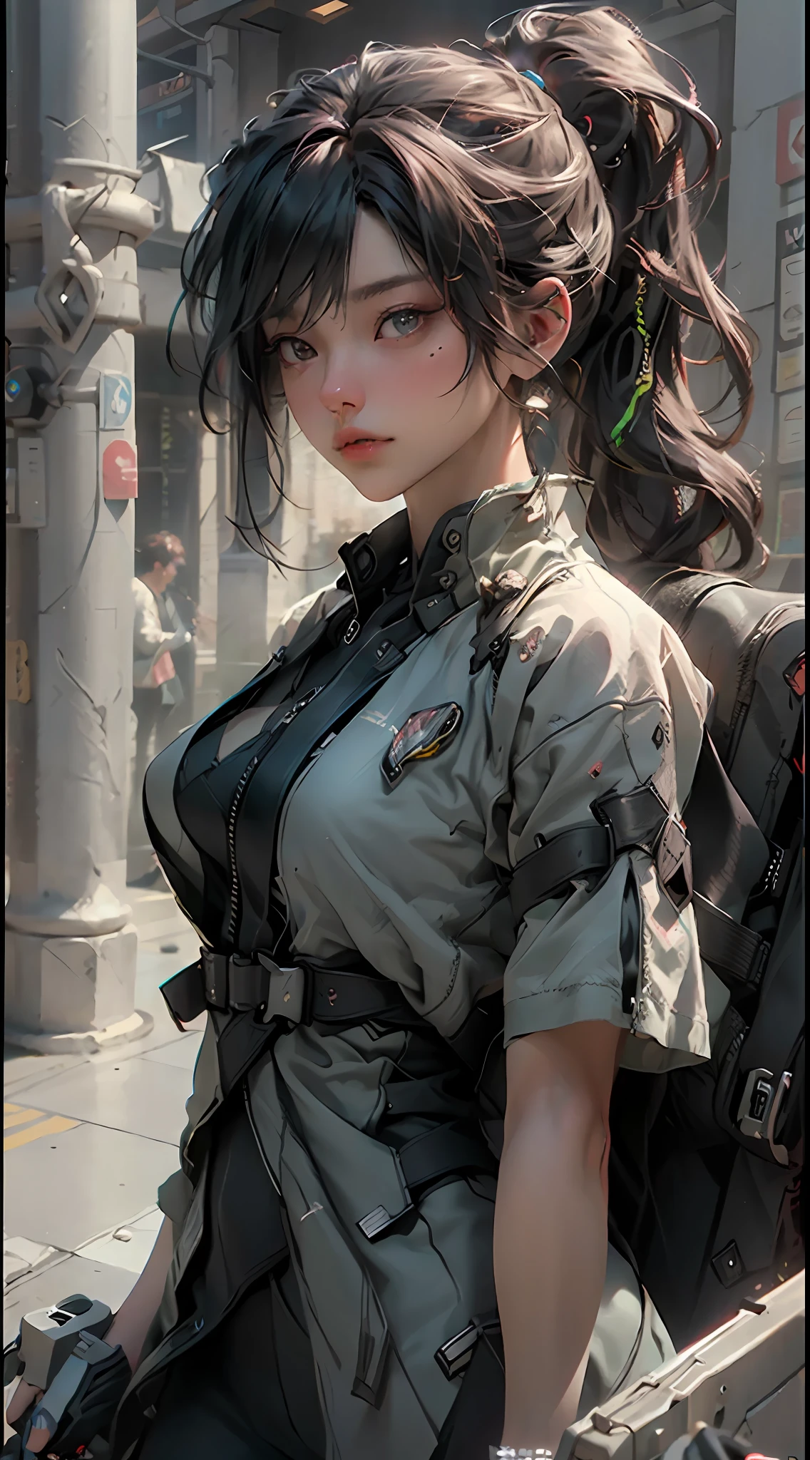 ((Best quality)), ((masterpiece)), (detailed:1.4), 3D, an image of a beautiful cyberpunk female,HDR (High Dynamic Range),Ray Tracing,NVIDIA RTX,Super-Resolution,Unreal 5,Subsurface scattering,PBR Texturing,Post-processing,Anisotropic Filtering,Depth-of-field,Maximum clarity and sharpness,Multi-layered textures,Albedo and Specular maps,Surface shading,Accurate simulation of light-material interaction,Perfect proportions,Octane Render,Two-tone lighting,Wide aperture,Low ISO,White balance,Rule of thirds,8K RAW,