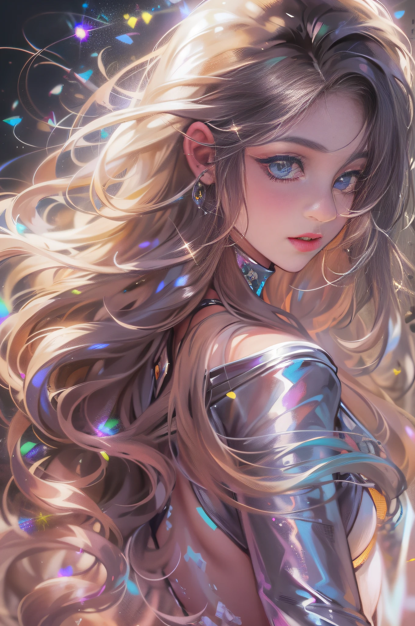 One very beautiful woman looking back at you, dressed like a fashion model, crazy long hair, shiny hair, expressive hair, crystal hair, gradient eyes, artistic, conceptual art, glitter effect , Glow, UHD, Retina, Masterpiece, Accurate, Anatomically Correct, Super Detailed, High Detail, Fine Skin