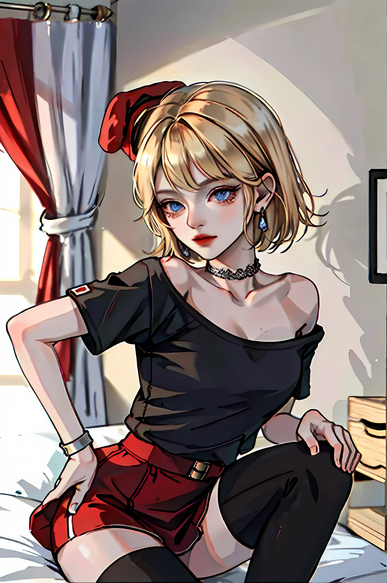 (masterpiece:1.2, best quality), 1girl, solo, short hair, blonde hair, blue eyes, red hat, black T-shirt, black thighhighs, red skirt, room, sexy, combat boots
