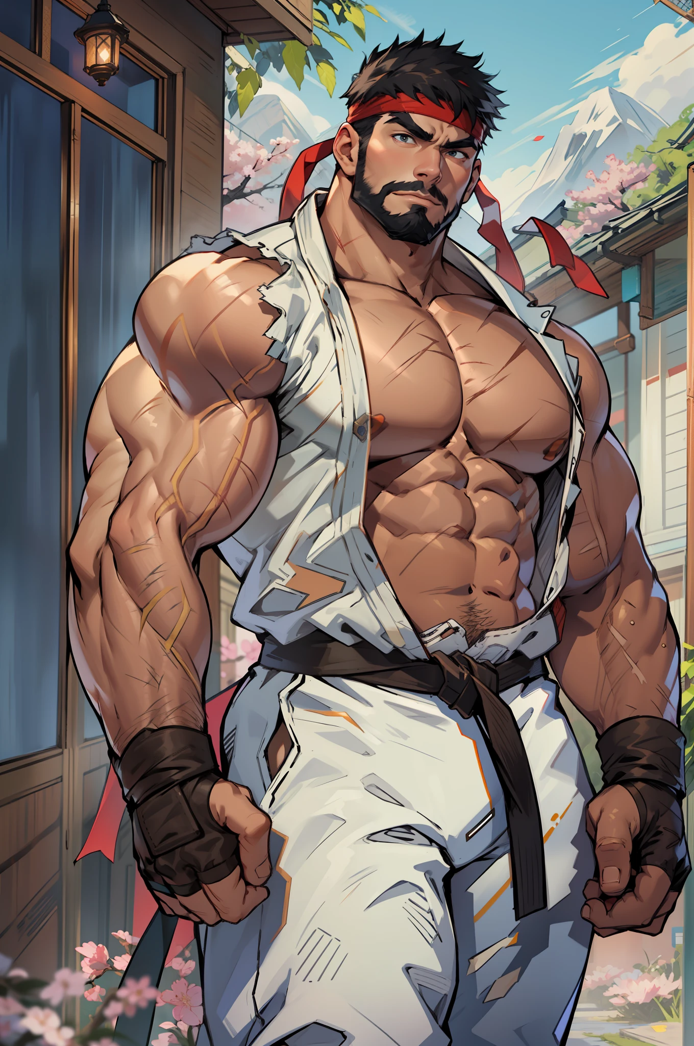 (masterpiece, best quality:1.2), cowboy shot, solo, male focus, 1boy, ryu \(sf\), middle age, peaceful face expression, peaceful pose, white skin, open hands, black hair, black beard, detailed face tall, hunk, muscular, wide shoulder, big physique, scars on body, wearing big white Dougi, new white Dougi shirt, white Dougi pant, red headband, fingerless gloves, blue aura, cherry blossom in the background, high detailed