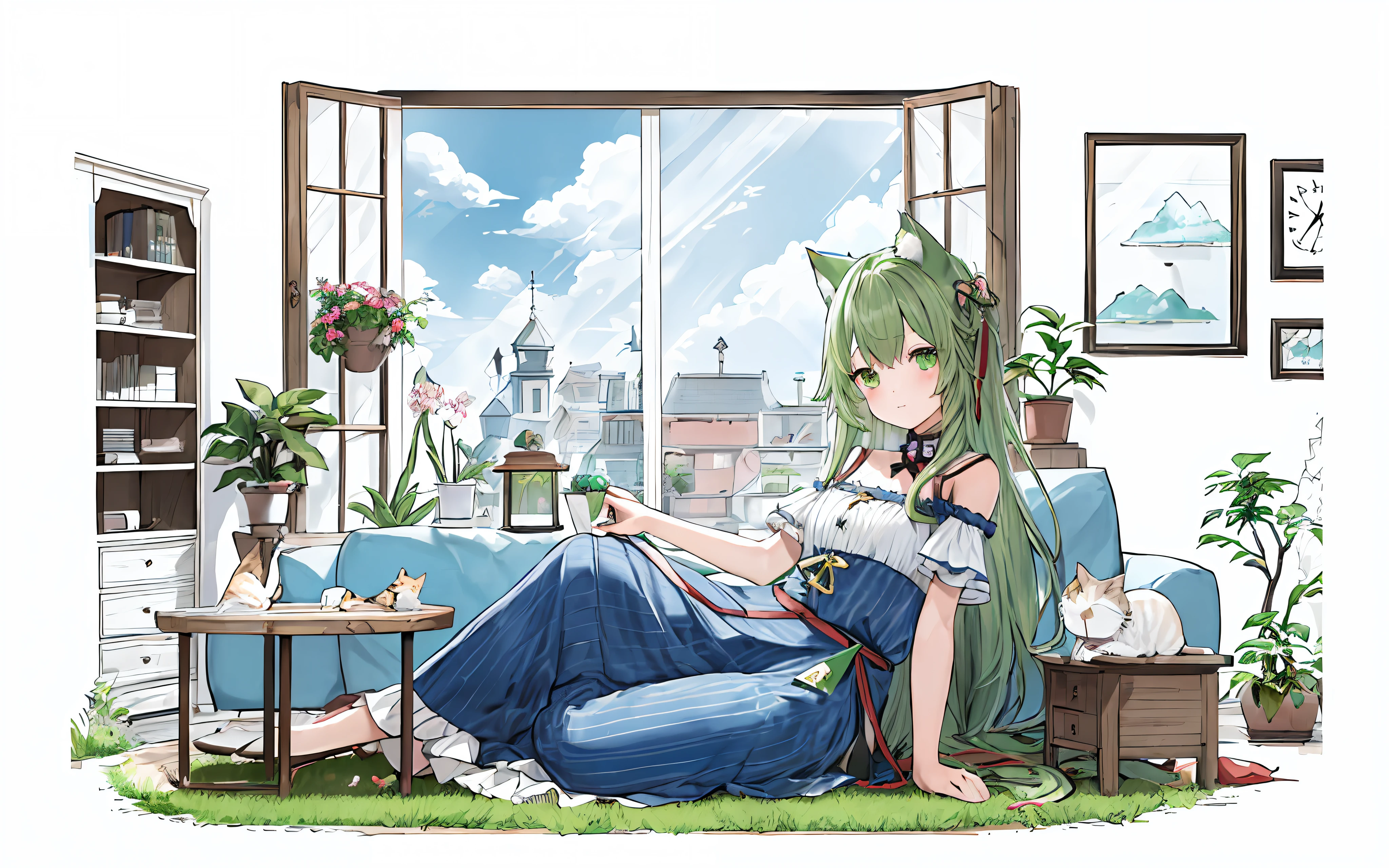 [(White background:1.5)::5]、(isometric:1.3)、(​masterpiece、top-quality:1.2)、(hight resolution:1.1)、(Top image quality)、(Master works)、In-person viewers、dynamic ungle、Skysky、​​clouds、
livingroom、sofas、window、drapes、Dappled sunlight、Potted plants、The table、cabinet、bookcase、paper、Desk lamp、typewriter、garden、
(1girll、solofocus:1.2)、cute little、ornament detached、(jewely:0.75)、(red blush:0.9)、(lanyard:0.9)、(dishevled hair、length hair、Green hair、cat ear、blue colored inner hair、shinny hair、shinny skin:1.1)、