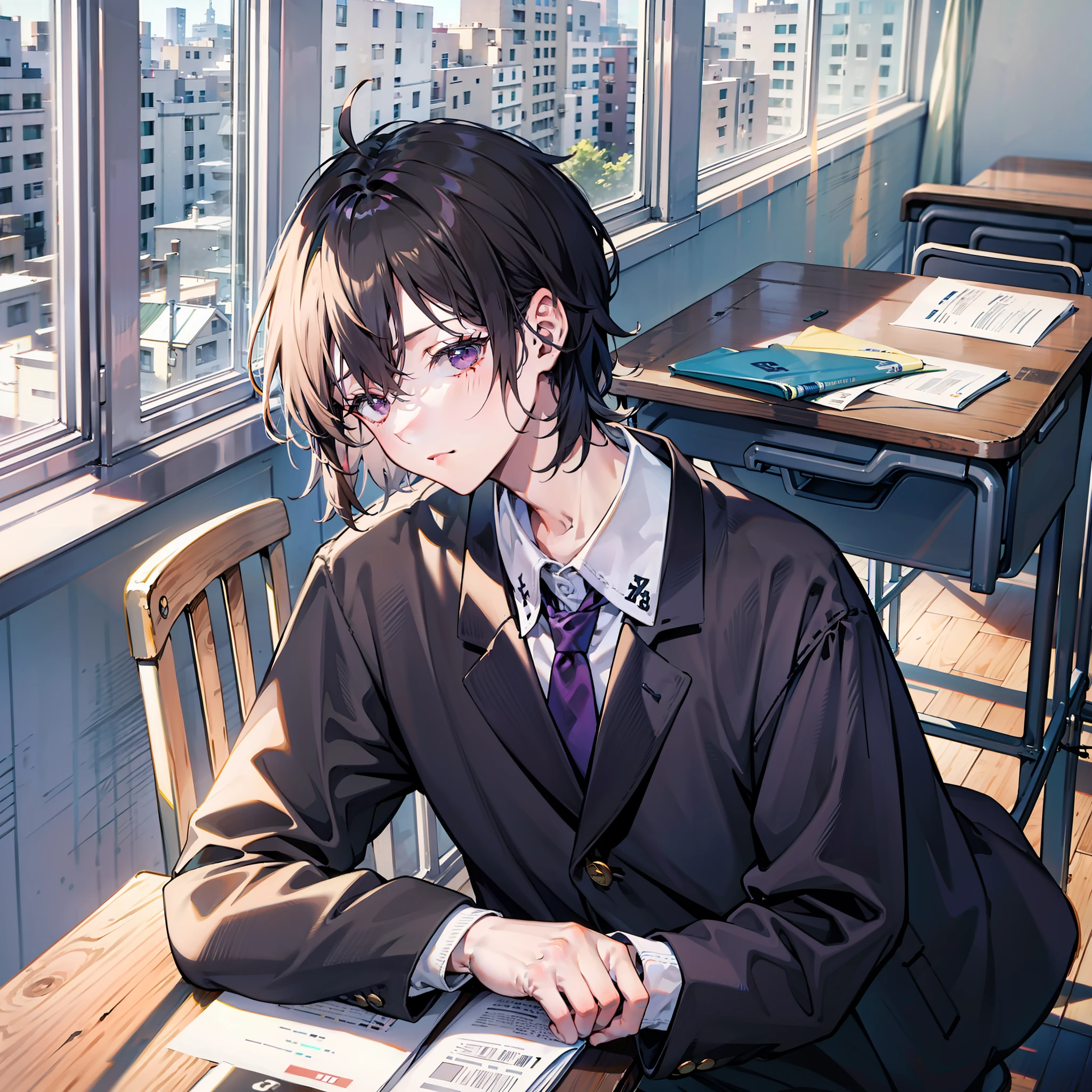 Brunette male，Melancholic male，Eyes are low，Purple eye，Messy hair，young ，Wear a black school uniform，Sit in the back row of the classroom in the second-to-last row by the window，The desks and chairs in the classroom are made of wood，The left hand is propped up on the table，Place your right hand on the table，Head out the window