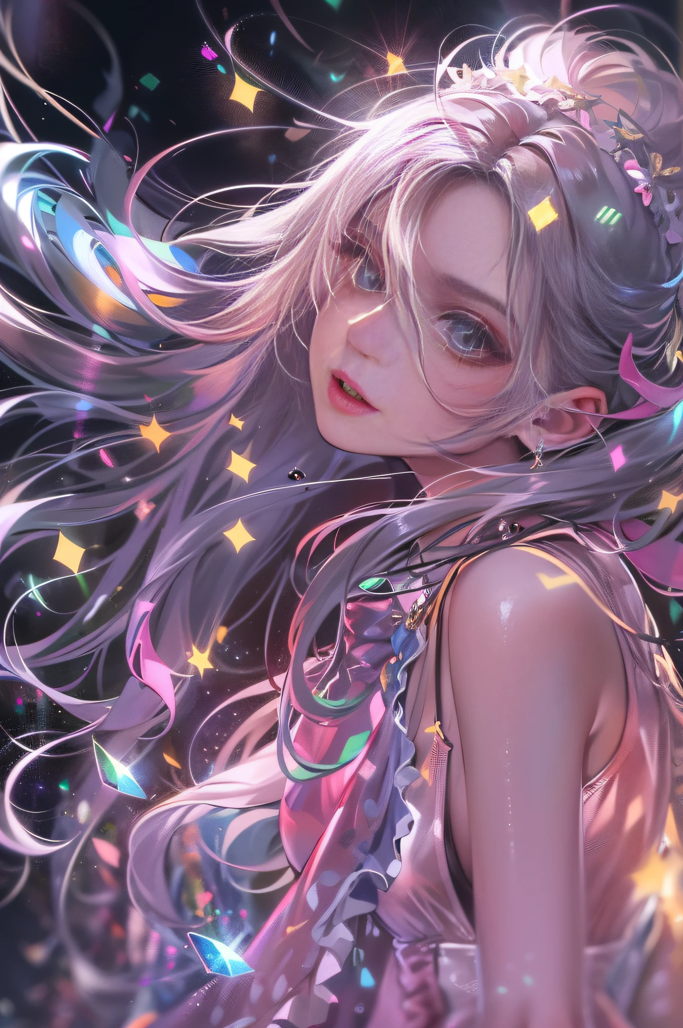 One very beautiful woman looking back at you, dressed like a fashion model, crazy long hair, shiny hair, expressive hair, crystal hair, gradient eyes, artistic, conceptual art, glitter effect , Glow, UHD, Retina, Masterpiece, Accurate, Anatomically Correct, Super Detailed, High Detail, Fine Skin