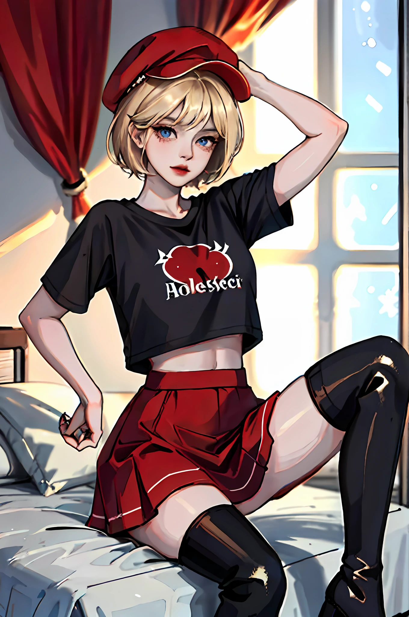 (masterpiece:1.2, best quality), 1girl, solo, short hair, blonde hair, blue eyes, red hat, black T-shirt, black thighhighs, red skirt, room, sexy, combat boots