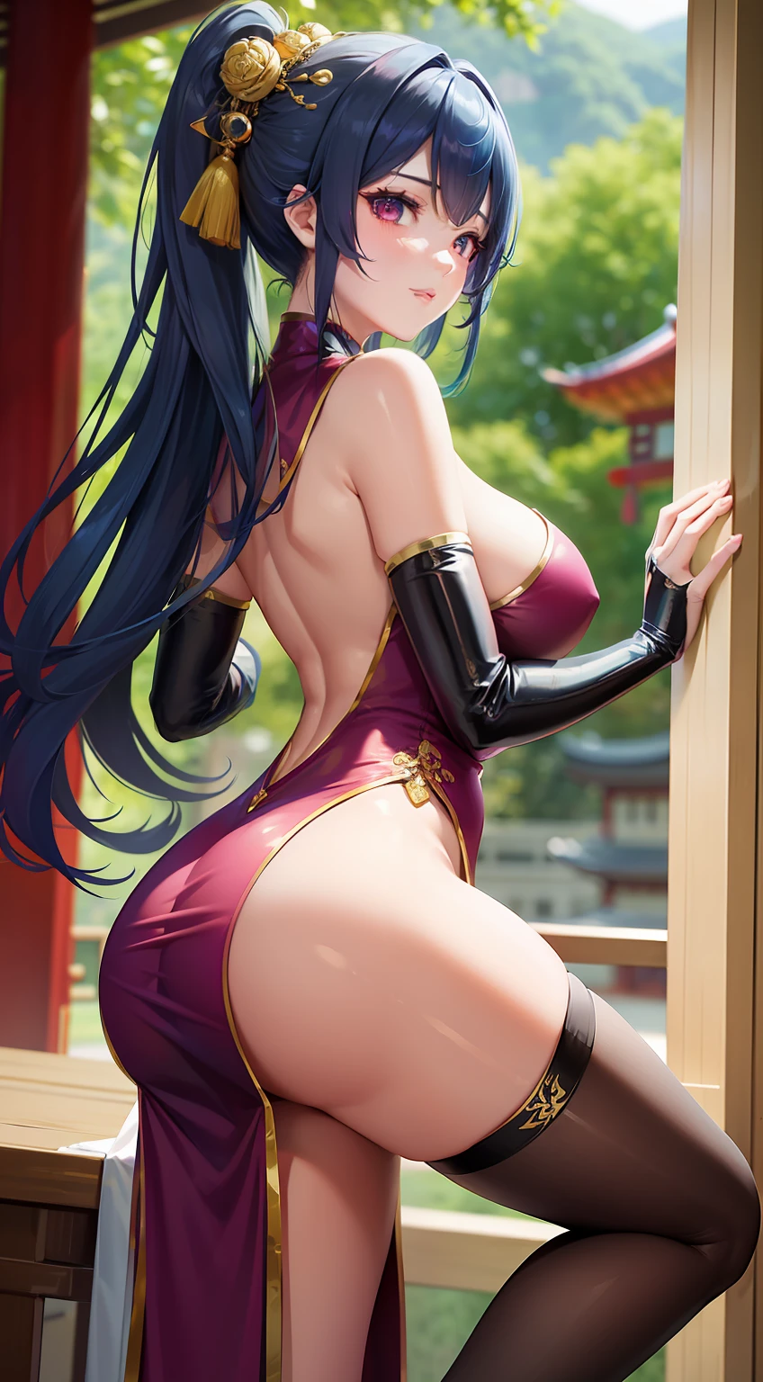 Large breasts, Blue hair, double tails, upper legs, white thighhighs, Pink clothes, Long legs, No bra, High heel, Pink eyes, Heart eyes, heart shaped breasts, Bare_hindquarters, bangs, areola of breast, Elbow gloves, Chinese dress, Fat ass, hair tying, wears_navel, Looking_at_peeping at the viewer, Arms_Behind_Head, Blush, latex, Sleeveless_dress, Tights, Long hair, cosplay,Fantastic，The back of the hand is behind the back，Hands up behind your head，Broad lighting，Glossy Clothes,Chinese-style architecture，China-style，gazebo，Lace，laughingly，Quaint，Tight cheongsam，Flowing cheongsam，Chinese style cheongsam，on cheongsam，Gold ornaments，Over the sleeves,(on cheongsam:1.2),Facing the viewer,autumnal,Beds,high-heels,(stocklings:1.2),Lace wreath on the legs,Bow hair ornament,bangle,eardrop,choker necklace,ribbons,lace-trim,Heavy makeup,long whitr hair,High ponytail,hair straight,Princess cut,Be red in the face,Seductive smiles,depth of fields