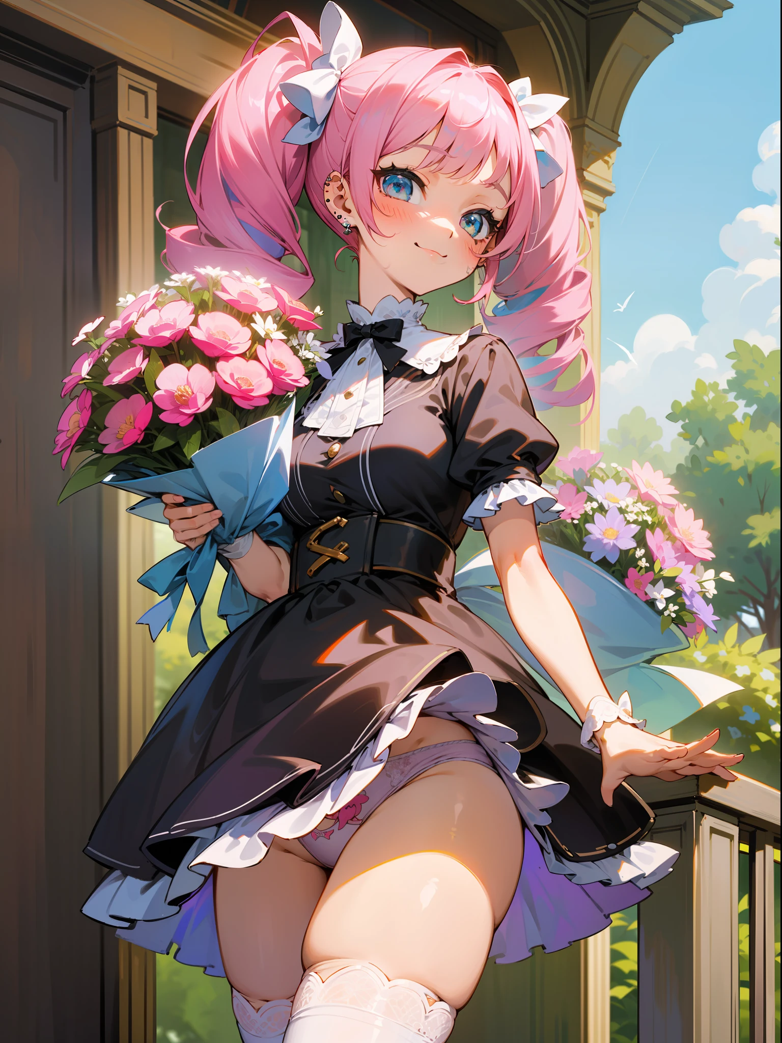 master piece, hyper quality, Hyper Detailed, Perfect drawing,1girll,Loose and fluffy hair、drills twintails、Pink hair、Big eyes with double eyelids、Passed nasal muscle、blusher(0.2)、Ochoboguchi、Ear piercing ta Fashion、Clothes with lots of lace and frills、a miniskirt,knee high socks(:1.5),garterbelts、(((Holding a large bouquet))), butt sticks out, Big round buttocks, Standing figure, ((Panties are visible)), (((Luxury panties)))、Cute smile, Sunburn scars: (1.5), outside of house、blue-sky、Summer color、sunlight、Shooting from diagonally below, Beautiful background, meticulous drawing, Accurate drawing.