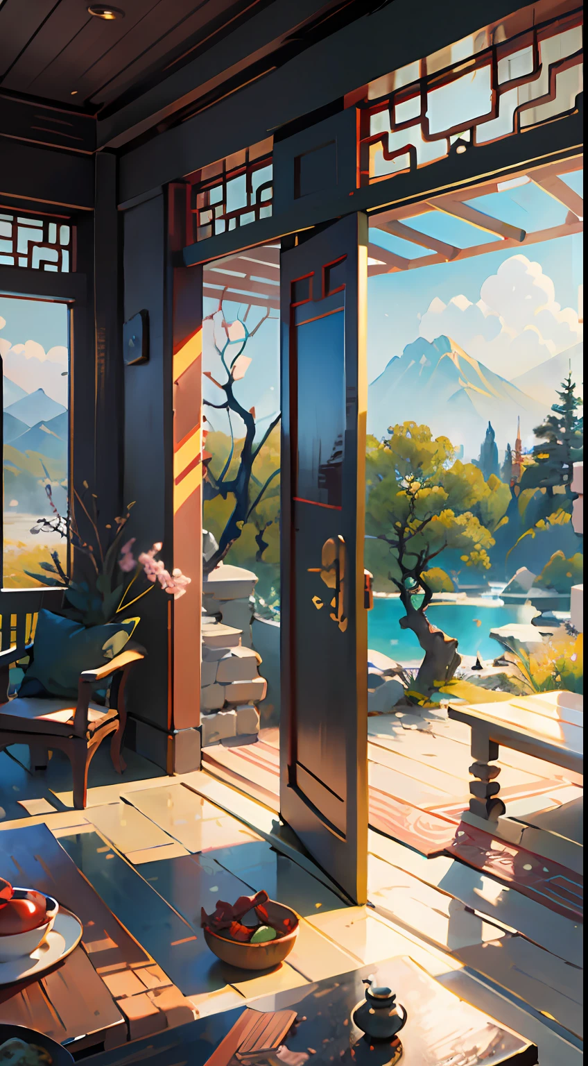 Chinese landscape painting, High perspective effect, Inspired by self-created characters,Engraved rendering, traditional aesthetics, Exquisite rendering, High-quality lenses, Detail is depicted, Realistic and natural。