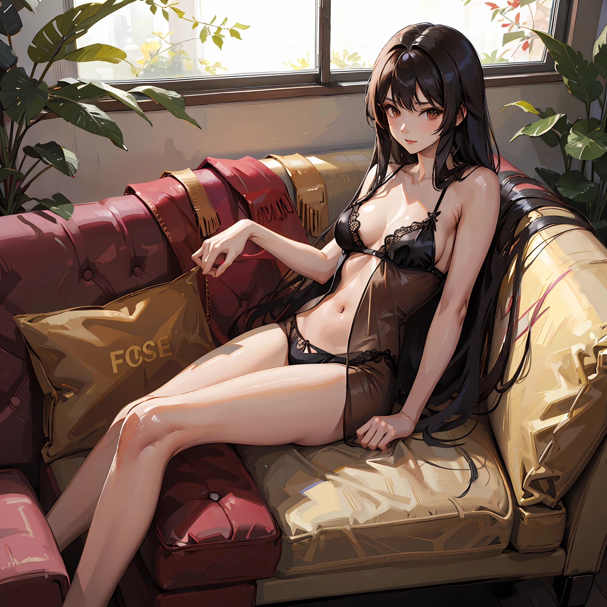 sexy female asian brunette long hair sheer underwear lying on sofa legs spread --auto