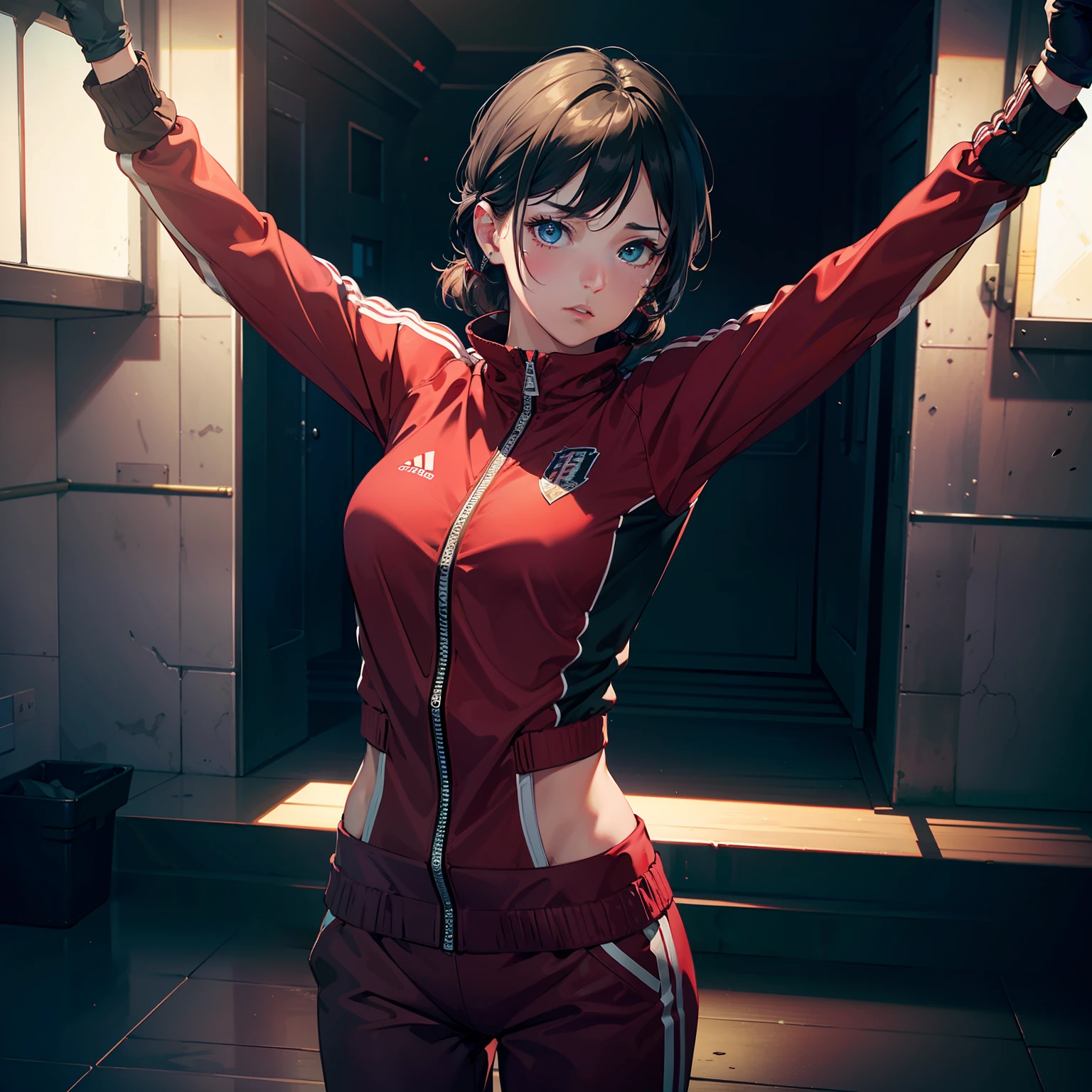 (original) , (very detailed wallpaper) , (best quality) , (masterpiece) , photographic reality, realistic, very detailed illustrations, (1 girl) , beautiful eyes, (delicate face) , perfect detail, (best lighting) , (super complex details) ,
, ((stretching)), red track suit,fist fight, padded gloves, boxing headgear, muscular female,
4K unified, (super detailed CG: 1.2) , (8K: 1.2) , realistic, octane rendering