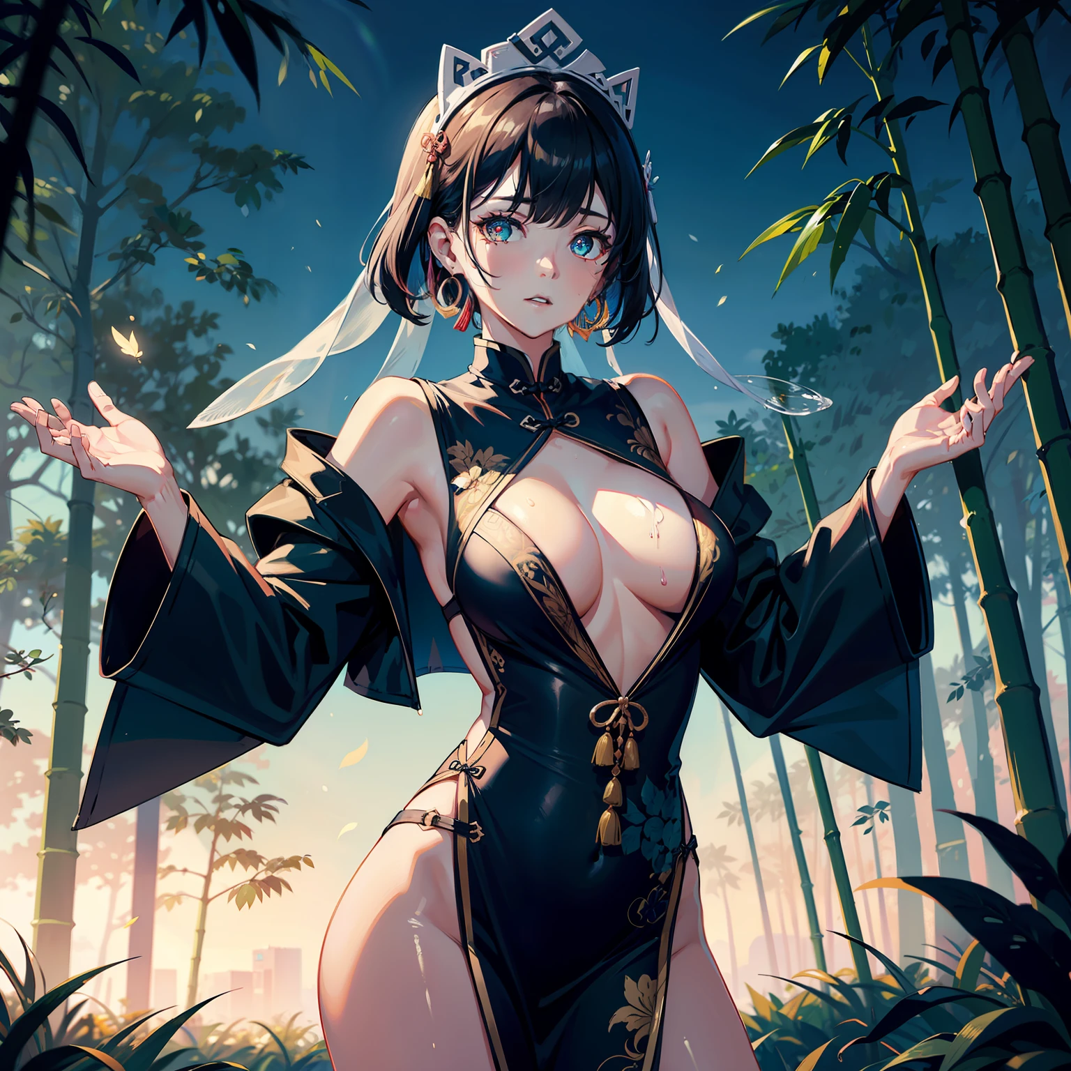dynamic_angle,dynamic_pose,effect*_glossy,effect*_light_rays,magical*_effect,*_light_particle,shack,bamboo_forest,solo,1girl,Chinese,habit,China-style_made_costume,China-style_made,pixie cut,black hair,streaked hair,multicolored eye,glowing pupils,wet,habit,headdress,Multiple_earrings,open clothes,adjusting bra,