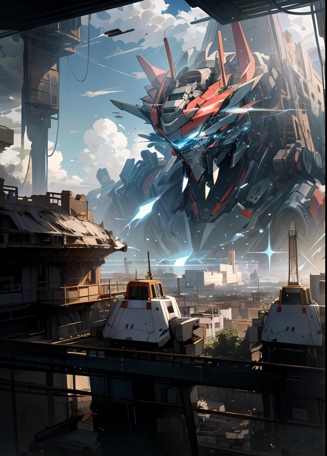 The sky and clouds hide the robots above the ruins，It emits a dazzling light，Holding a formidable weapon in his hand。The building collapsed，There is no trace of humans，It's like a scene from a science fiction novel，The mecha's glowing eyes were extremely sharp，It's like you can see the whole city through perspective。Reality and imagination intersect here，A beauty、The mysterious future world is unfolding before our eyes。
