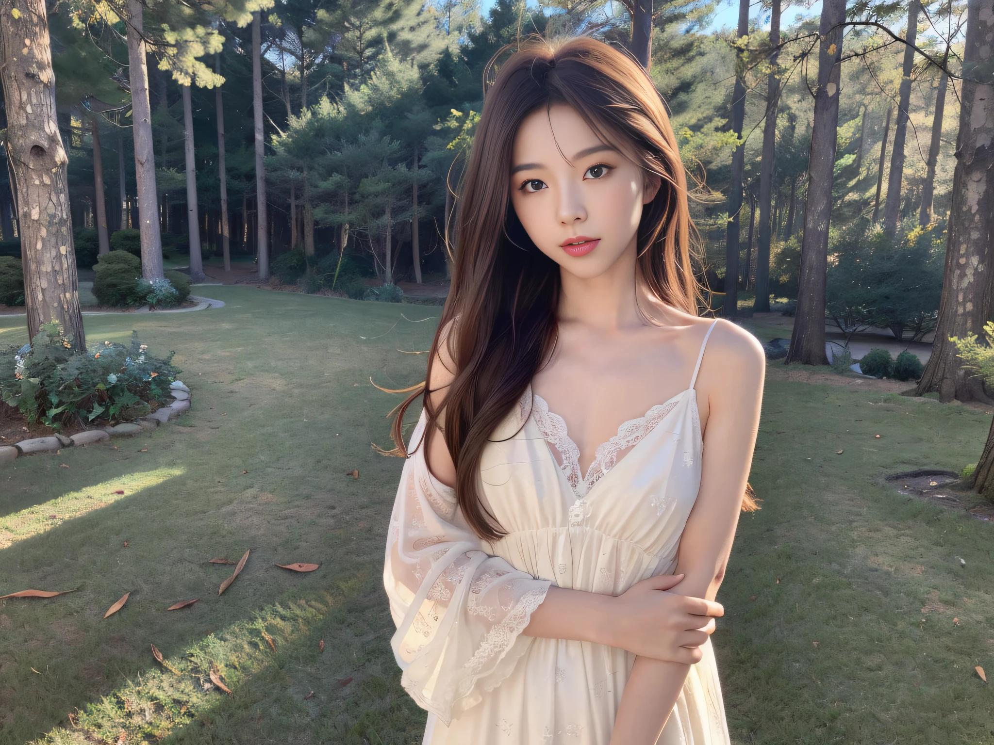 ，Masterpiece, Best quality，8K, 超高分辨率，(beautidful eyes:1.5)， ((Medium view，The upper part of the body:1.5))，In a quiet forest，Sunlight shines on the lake through the dense foliage，Form mottled shadows。A gentle goddess stands by the lake，She wore a soft white dress，Long hair flutters in the wind。