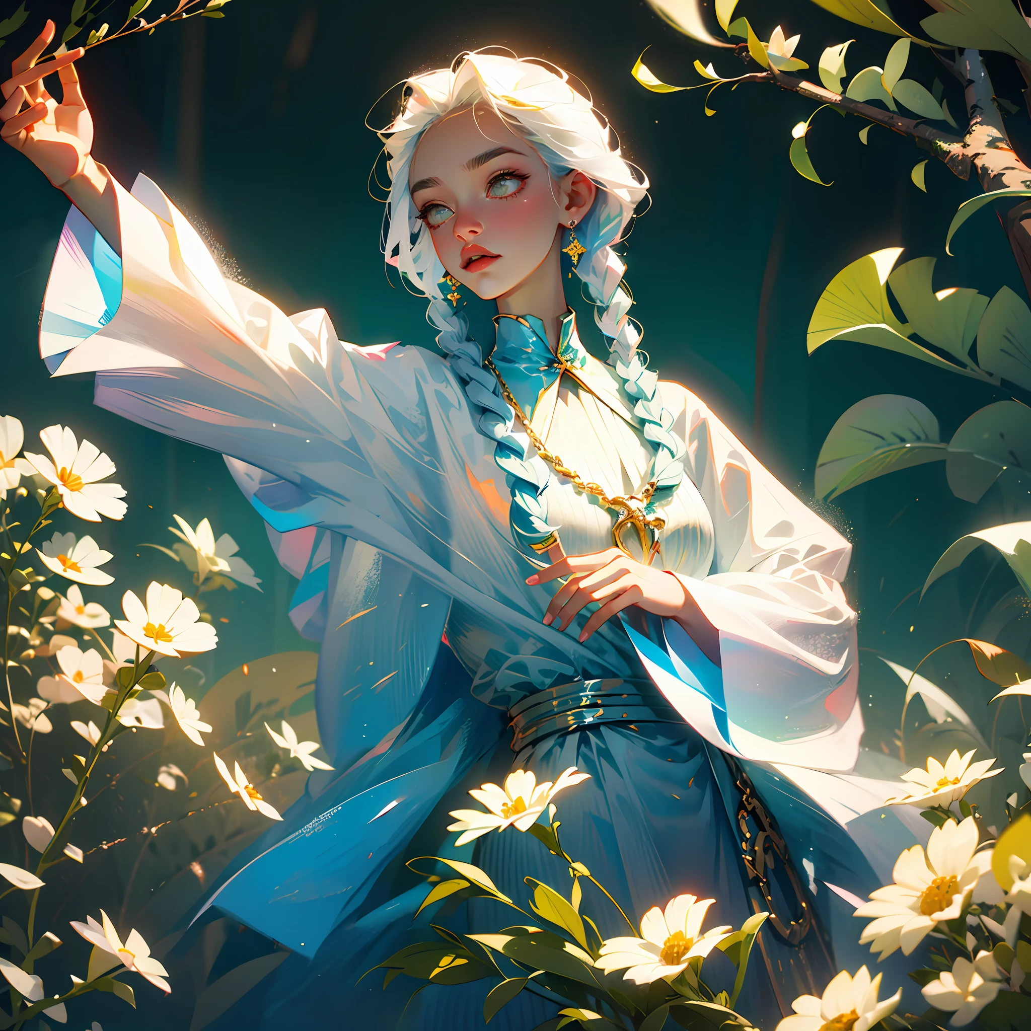 best quality, masterpiece,white hair, gold eyes,white clothes, looking up, upper body,hair strand,Fair skin,side braids --auto