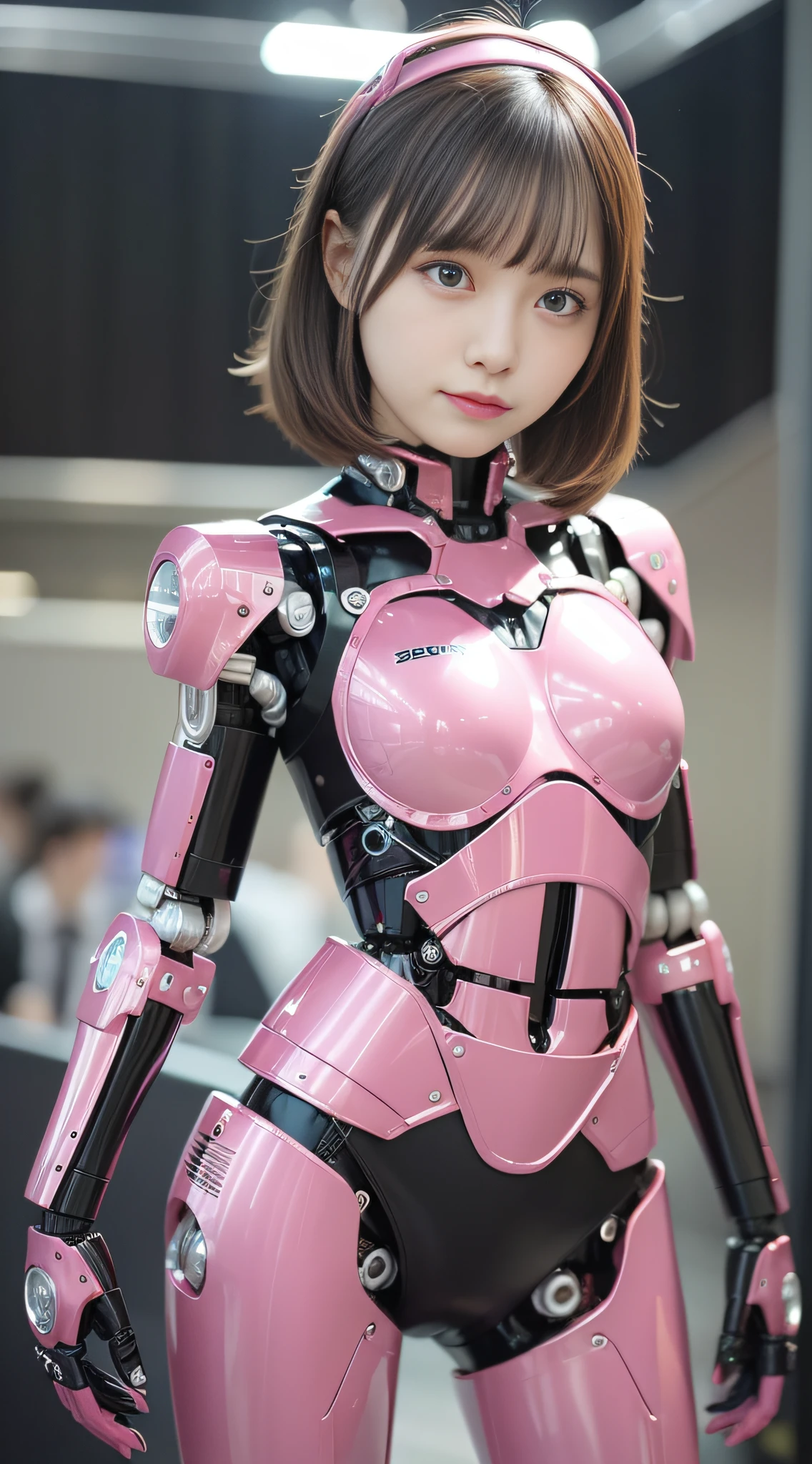 (Photorealsitic:1.4)、Onegirl、(top-quality),(hyperdetailed face)、(Super well-formed face)、((Robot Parts))、(Cyborg girl)、(pink there)、(metalic)、(fullllbody)、(Moe Pose)、(Slender body)、(tits out)、(Model body type)、(mecha exposure)、(akihabara)、(is looking at the camera)、(A dark-haired)、(９Head and body)、(a small face)、(Idol)、(front facing)、(is standing)、(Photo session)、(Looks sad)、(Cyborg girl in stage costume)、(sleeve less)、(a miniskirt)