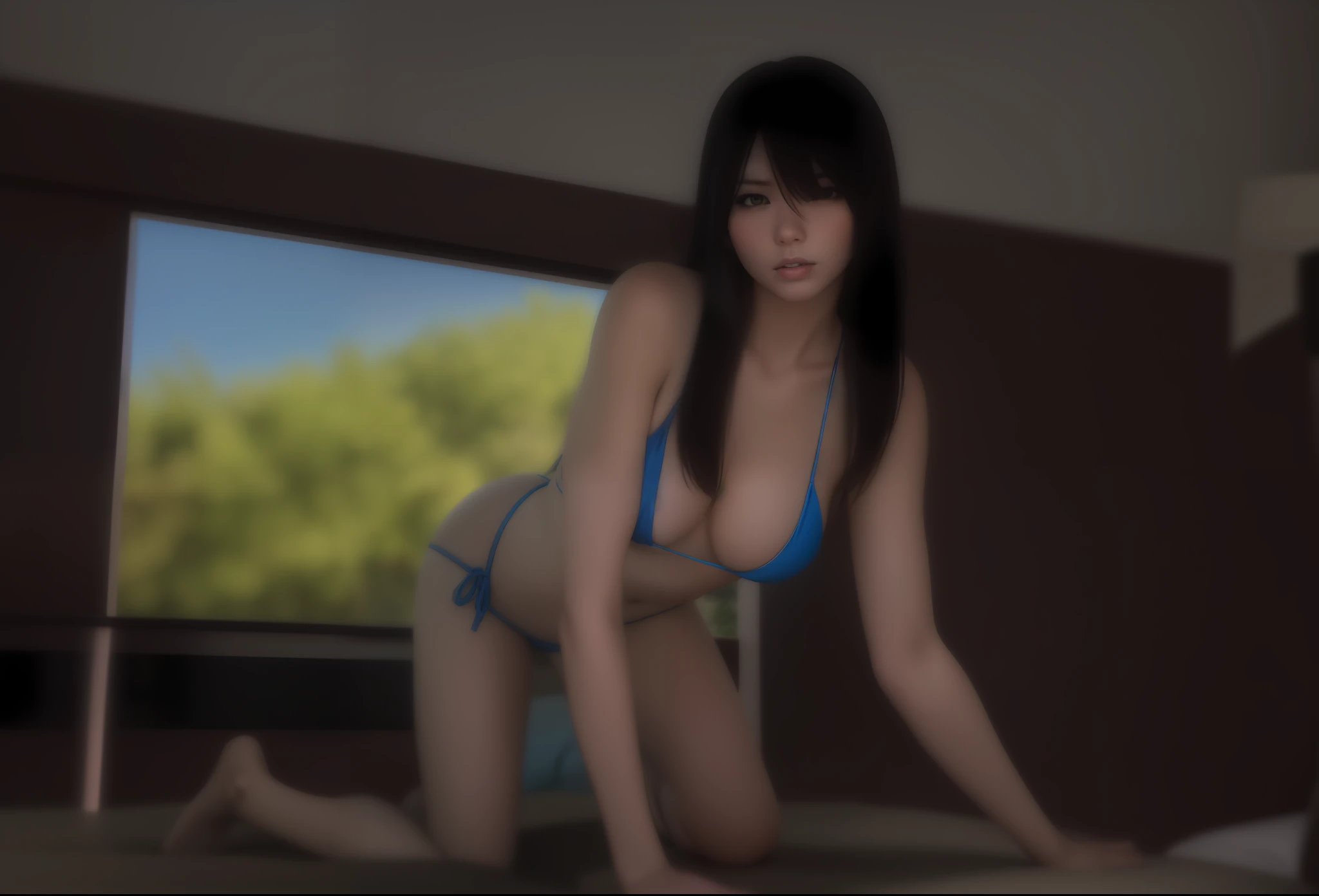 there is a woman in a bikini on a bed with a pant, realistic bikini, Asuka as a surfer model, asuka suit under clothes!, Sexy Pose, noire moody scene, mamimi samejima, Tifa, Elegant Pose, desperate pose, Seductive Anime Girl, lacivious pose, attire: bikini of, Rin, various seducing poses