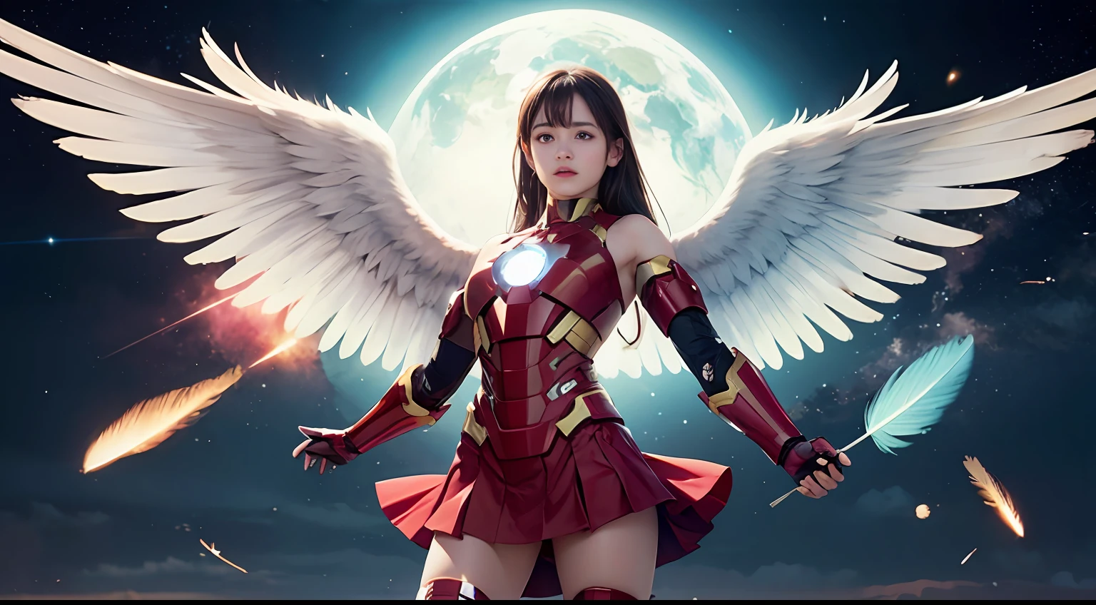 A female mech，Spread your two white wings，bare shoulders​，Bare waist，Bare with thighs，Armored pleated skirt，Armored boots，visto ao longe，Arms spread wide，Planetary background，4K分辨率，A huge sense of oppression，Machinary，falling from sky，Technology and magic，Floating feathers，Iron Man，HDR（HighDynamicRange）