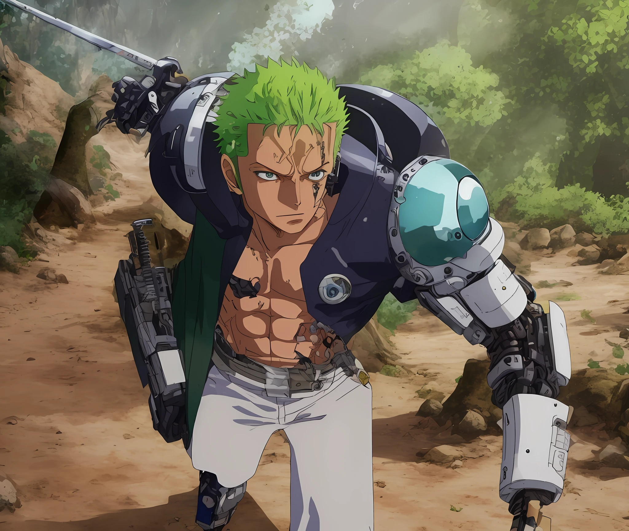 zoro one piece, sozinho, corpo inteiro, (melhor qualidade), (Very detailed), profundidade de campo, esquete, sombras escuras, foco nítido, a dark illumination, HDR, good composition, Cabelo verde, Ambiente futurista e escuro, screencap anime, olhos castanhos escuro, android, Cyberpunk, Technological implants, Technological prostheses , mechanical arm, espadas, 3 espadas, santoryu