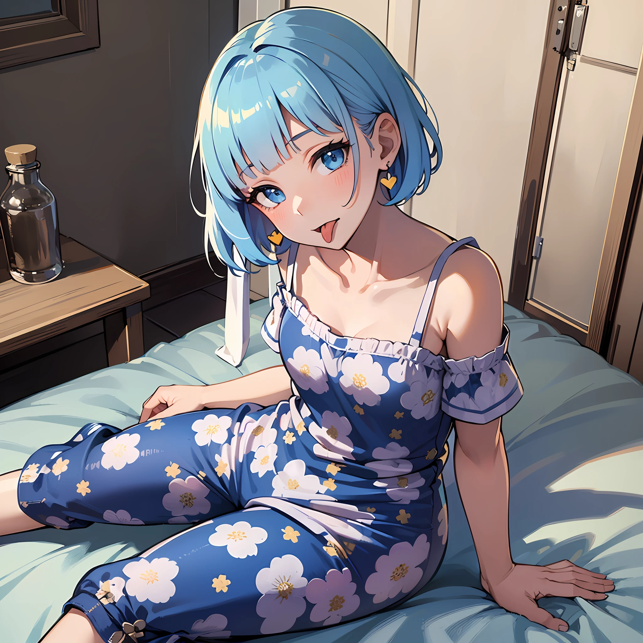 (masterpiece:1.3), (best quality:1.3), high resolution,
from above, couboy shot,
head tilt, sitting, on bed,
(one cute girl:1.3), solo,
white skin, small Breast, eight-headed person,
light blue hair, (bobbed hair:1.2), short hair, (blunt bangs:1.2), beautiful hair, blue eyes, beautiful detailed eyes,
(tongue out:1.3), heart,
pyjamas, earrings,
outdoors, white room, bed,
shadowlighting,