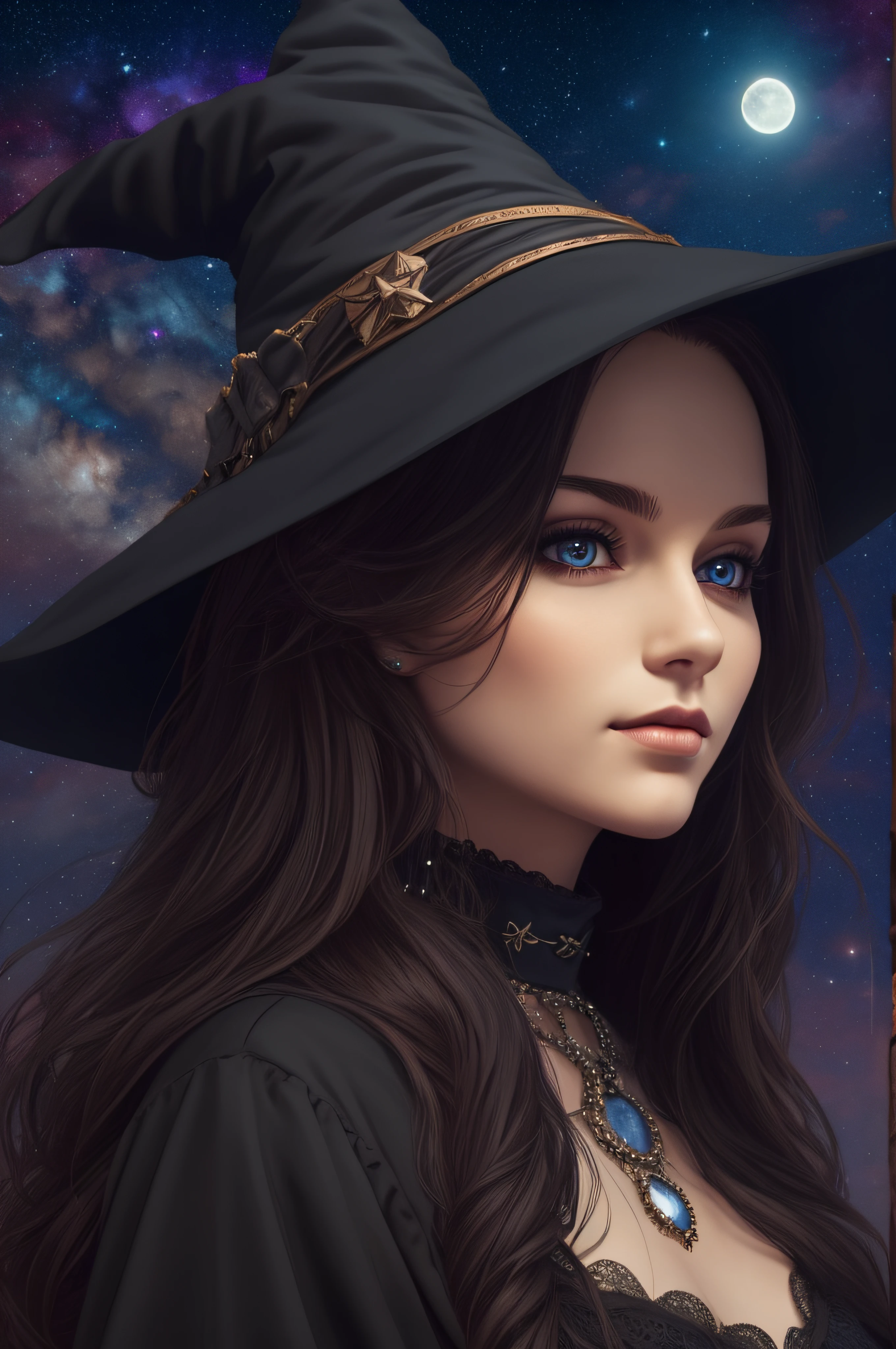 beautiful young female witch, long black hair, big black pointy witch hat, facing camera, night sky, full moon, highly detailed