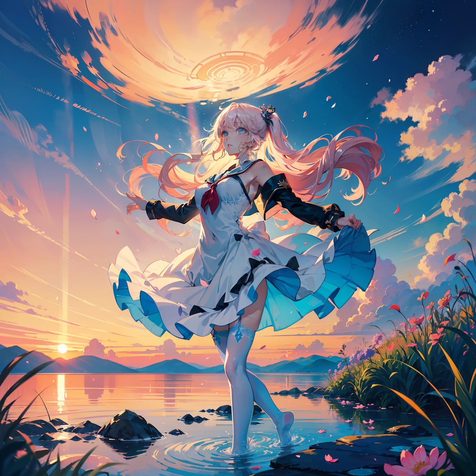 (masterpiece), (best_quality:1.3), (ultra_detailed:1.3), 8k, (((extremely clear))), vivid color, cinematic lighting,
perfect proportion, perfect , 1girl, miku, , exquisite facial features, prefect face, ((serafuku))
serene expression, beautiful gradient hair, 
scenery, clear blue transparent sky, fantasy valley in mountains, outdoor,
intricate adorable beautiful face, hair ornaments,  wearing fantasy colorful ruffled party gown, noble luxury beautiful gown,
flower style, ((pink white thighhighs with Four-pointed star pattern embellishment without shoes)),  (, bra),
((beautiful and delicate water, the finest grass, very delicate light, nature, painting, water spray, breeze, flowers and grass meadow, near the water edge, sunset, starry sky in a circle, randomly distributed clouds, river, splashing water, falling petals )), 
(((Tyndall effect, available light))), 
((wash painting)),((ink splashing)),((color splashing)),((((dyeing)))),((Chinese style)),
(((colorful bubble))), colorful glass, looking at mirror, (partially underwater shot:1.2),