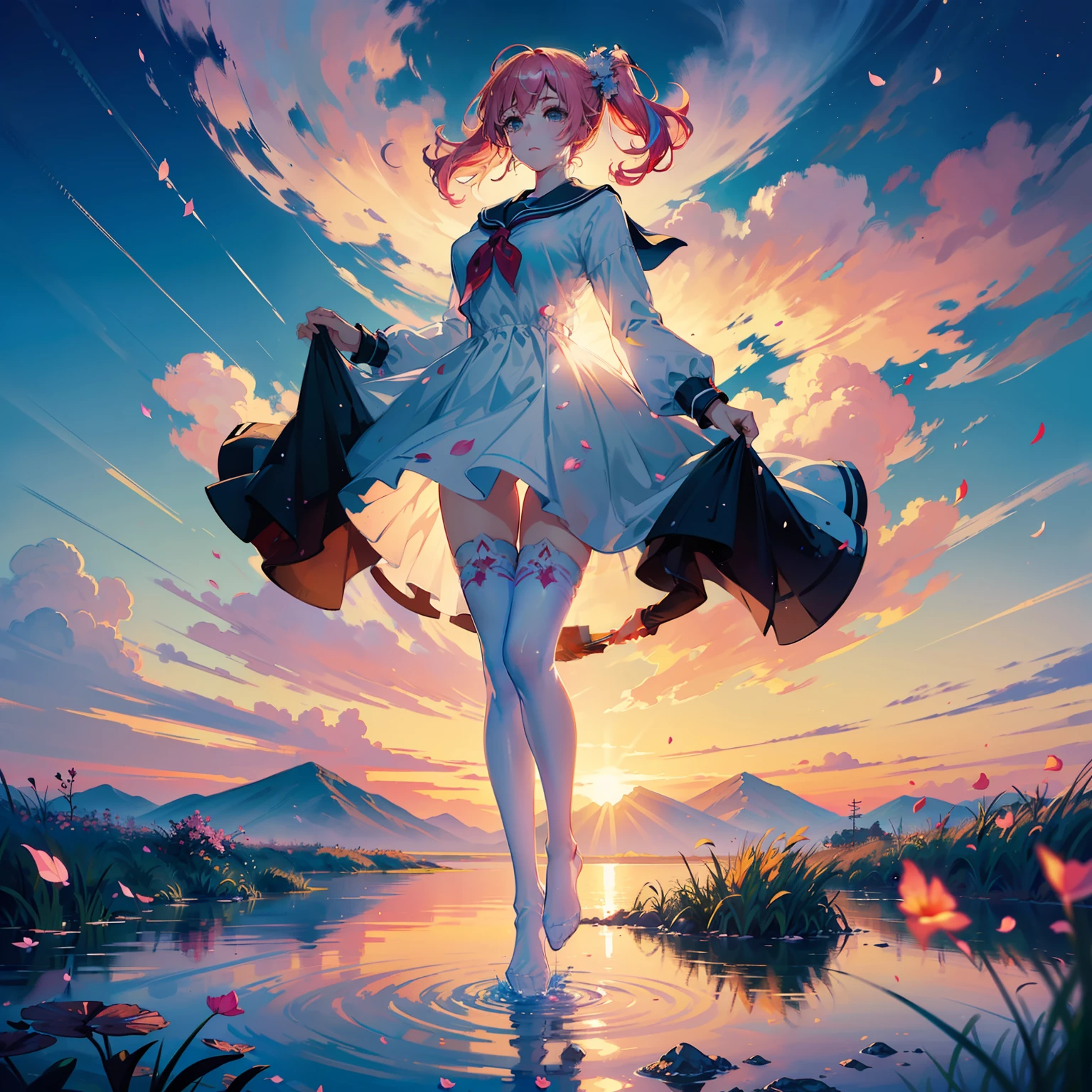 (masterpiece), (best_quality:1.3), (ultra_detailed:1.3), 8k, (((extremely clear))), vivid color, cinematic lighting,
perfect proportion, perfect anatomy, 1girl, miku, large breasts, exquisite facial features, prefect face, ((serafuku))
serene expression, beautiful gradient hair,
scenery, clear blue transparent sky, fantasy valley in mountains, outdoor,
intricate adorable beautiful face, hair ornaments, wearing fantasy colorful ruffled party gown, noble luxury beautiful gown,
flower style, ((pink white thighhighs with Four-pointed star pattern embellishment without shoes)), (topless, bra),
((beautiful and delicate water, the finest grass, very delicate light, nature, painting, water spray, breeze, flowers and grass meadow, near the water edge, sunset, starry sky in a circle, randomly distributed clouds, river, splashing water, falling petals )),
(((Tyndall effect, available light))),
((wash painting)),((ink splashing)),((color splashing)),((((dyeing)))),((Chinese style)),
(((colorful bubble))), colorful glass, looking at mirror, (partially underwater shot:1.2),