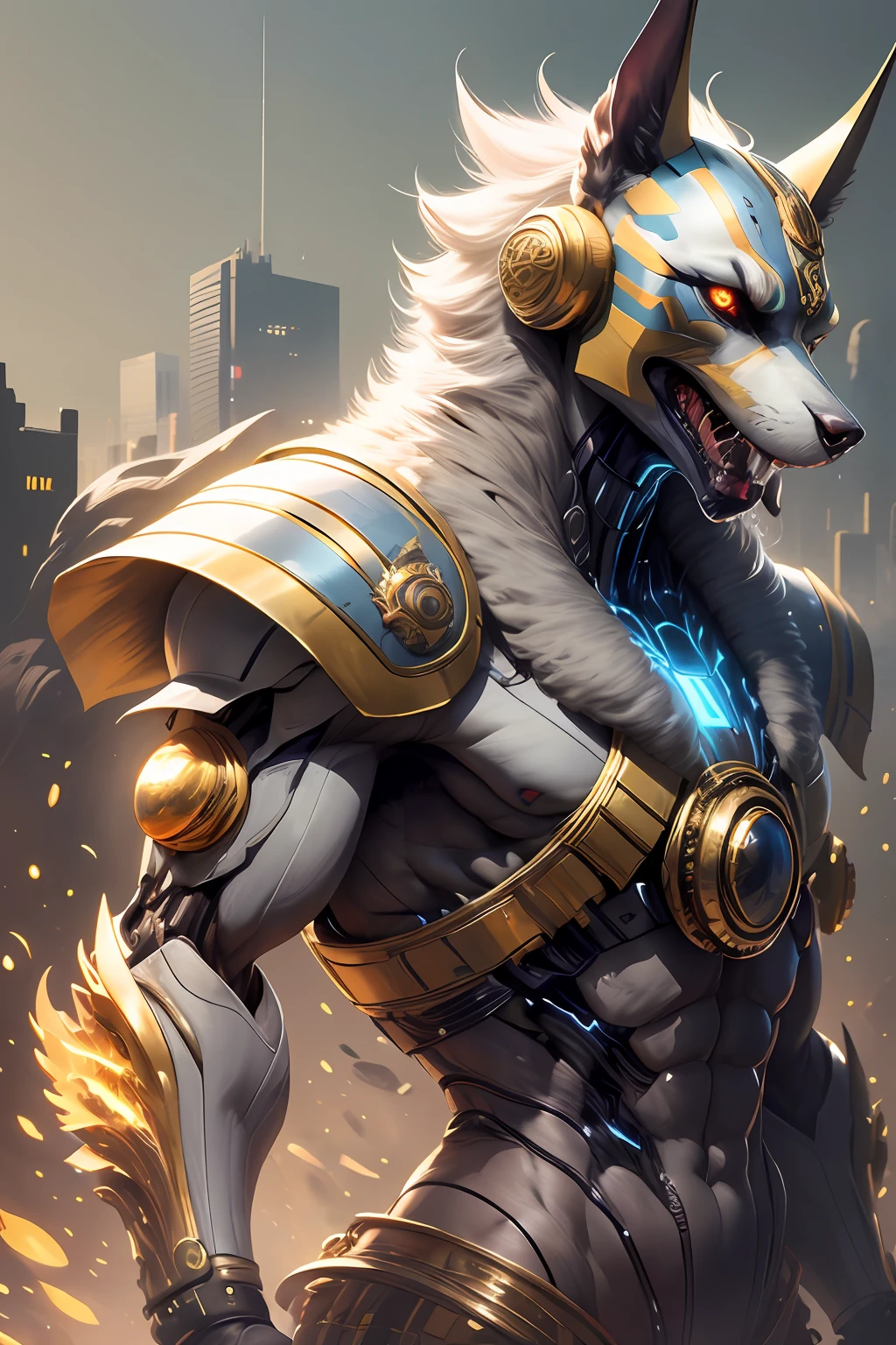 simple background, 1man, godanubis, upper body. side-view, open mouth, cowboy-shot, glowing eyes, mechanical body, cyberpunk, mecha, cyber, robot. white-head. golden-blue-body, godanubis-head, anubis-head, dog-head,