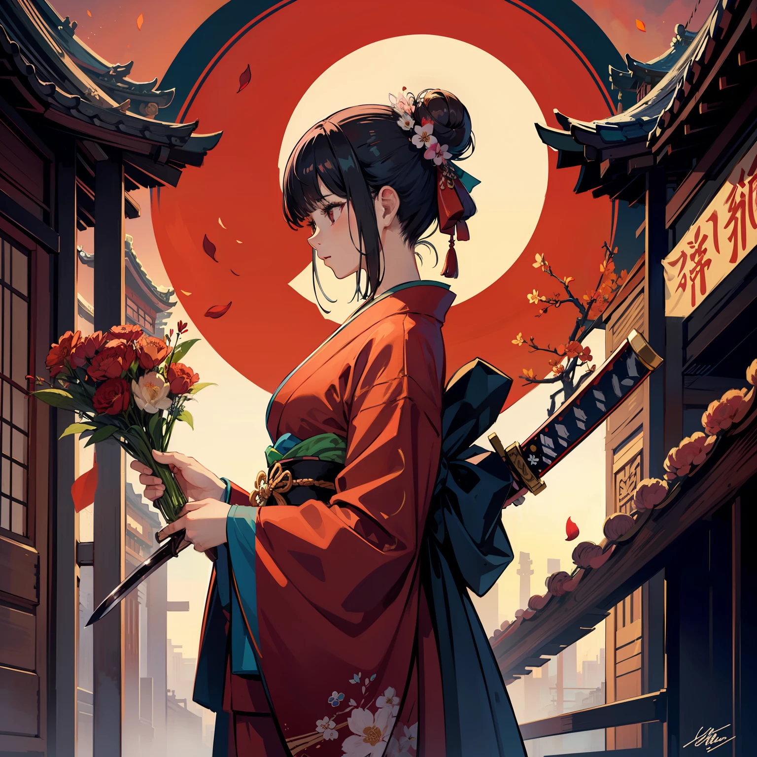 masterpiece, best quality,
(original) , (very detailed wallpaper) , 1girl, solo, red background,weapon, holding, sword, holding weapon, holding sword, flower, hair bun, standing, japanese clothes, architecture, long sleeves, wide sleeves, signature, petals, profile, east asian architecture, kimono, single hair bun, red kimono, ribbon, closed mouth, from side, bangs, sidelocks, breasts,