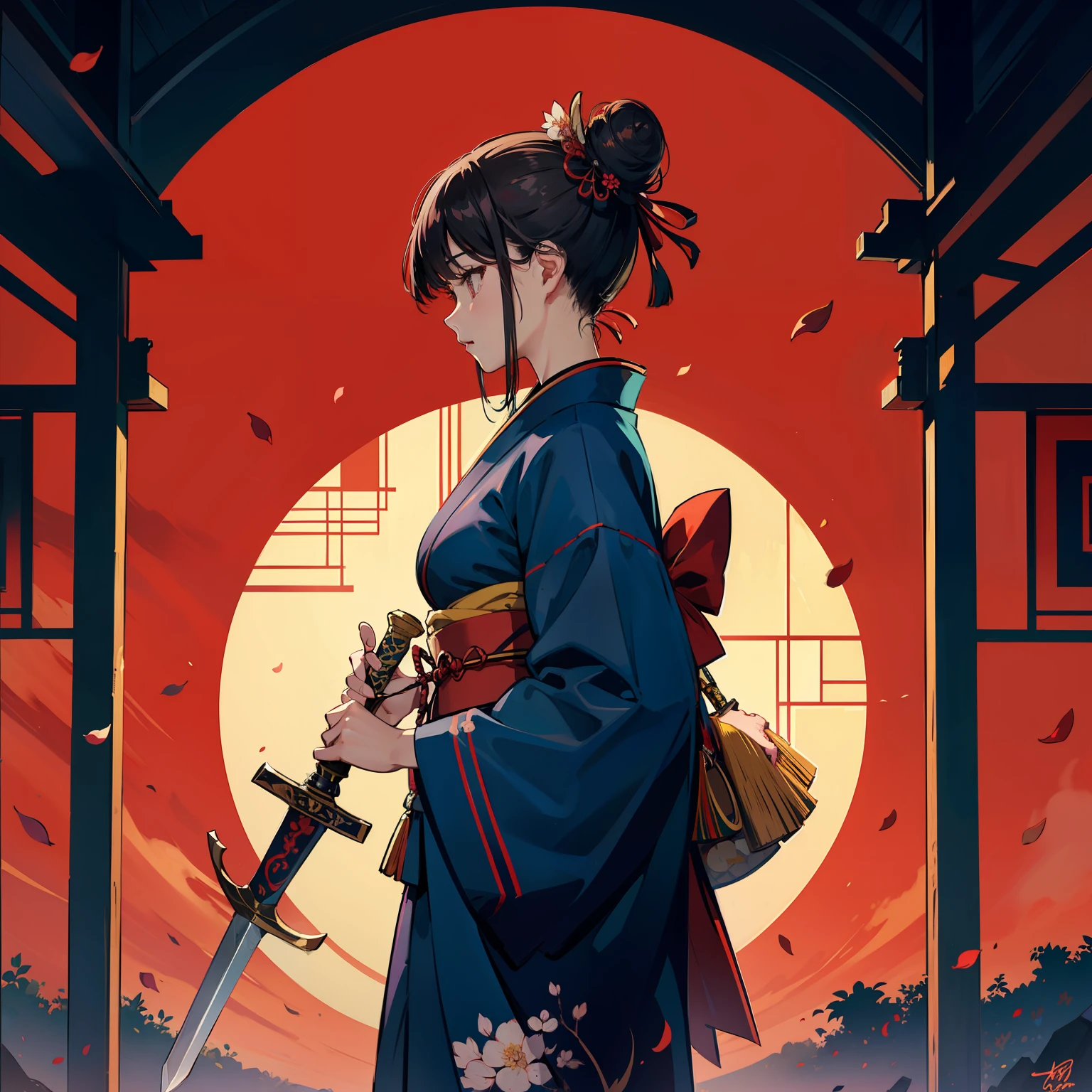 masterpiece, best quality,
 (original) , (very detailed wallpaper) , 1girl, solo, red background，weapon, holding, sword, holding weapon, holding sword, flower, hair bun, standing, japanese clothes, architecture, long sleeves, wide sleeves, signature, petals, profile, east asian architecture, kimono,  single hair bun, red kimono, ribbon, closed mouth, from side, bangs, sidelocks, breasts,