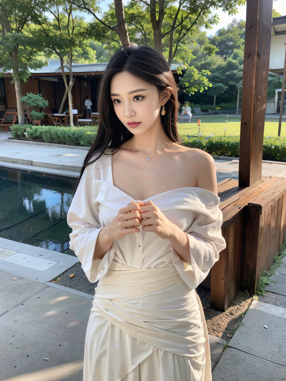 ,Masterpiece, Best quality,8K, 超高分辨率,Reallightandshadow,Cinema lenses,(beautidful eyes:1.1), ((中景 the scene is,The upper part of the body)),dynamicposes,A girl dressed in beautiful Hanfu,中景 the scene is,Cyberpunk style on the shores of a tranquil lake,Gentle goddess dancing。She wore a gauze dress,Light steps and gentle movements float freely like white feathers,Each dance exudes peace and quiet。A gentle breeze brushed her long hair,Gently stroke her face,As if praising this beautiful and protective goddess。