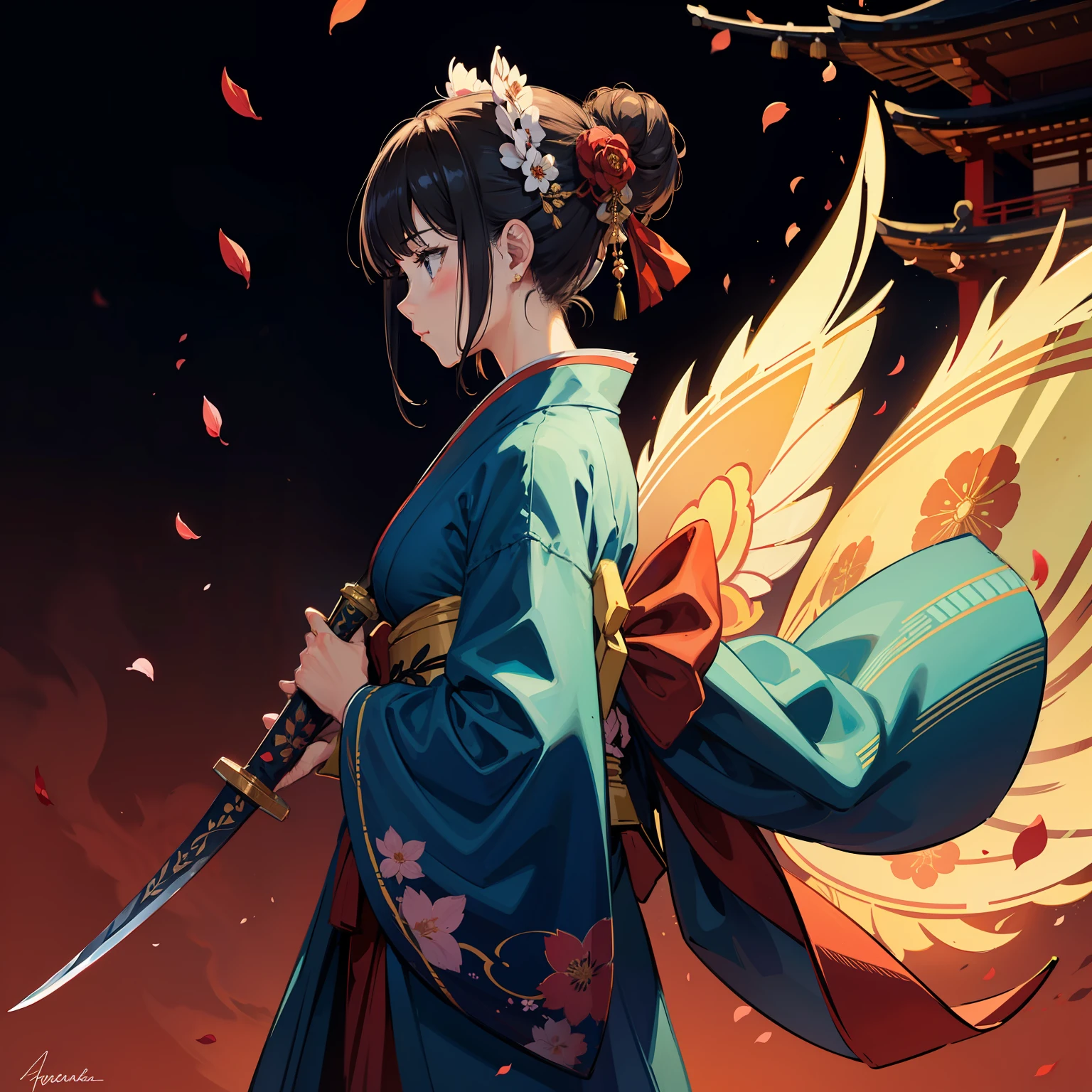 masterpiece, best quality,
 (original) , (very detailed wallpaper) , 1girl, solo, red background，weapon, holding, sword, holding weapon, holding sword, flower, hair bun, standing, japanese clothes, architecture, long sleeves, wide sleeves, signature, petals, profile, east asian architecture, kimono,  single hair bun, red kimono, ribbon, closed mouth, from side, bangs, sidelocks, breasts,